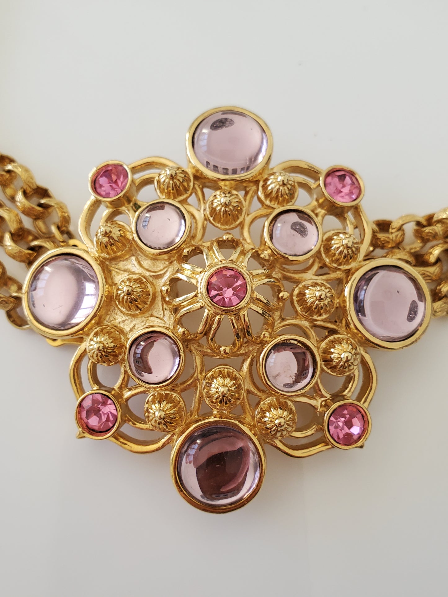 BARRERA for AVON Vintage 1992 Marbella Collection Pink And Lavendar Cabochons Moghul Pendant Necklace And Clip Earring Set