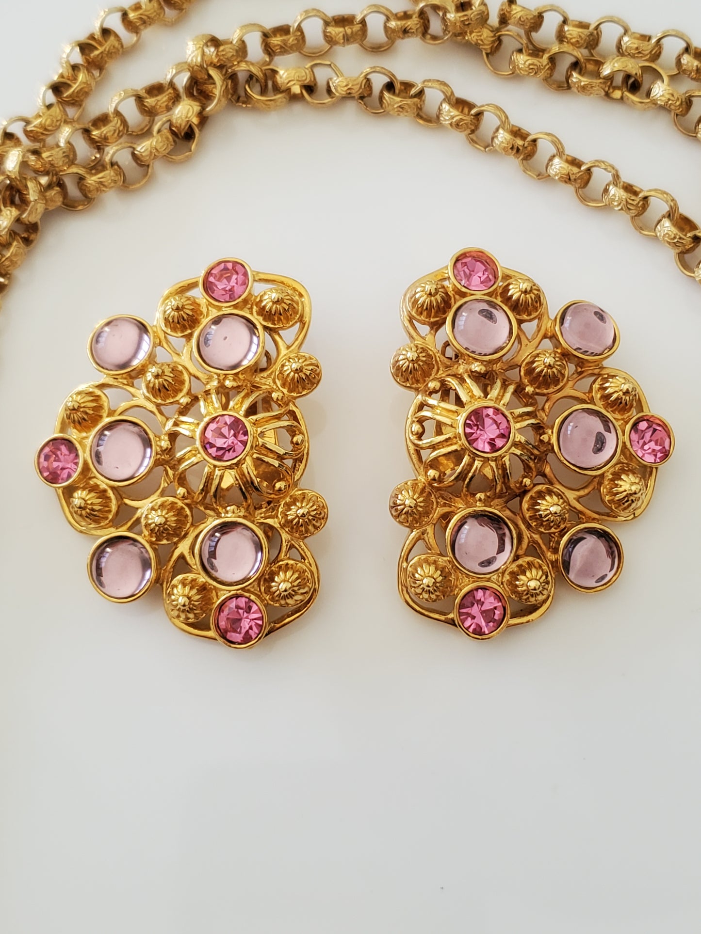 BARRERA for AVON Vintage 1992 Marbella Collection Pink And Lavendar Cabochons Moghul Pendant Necklace And Clip Earring Set