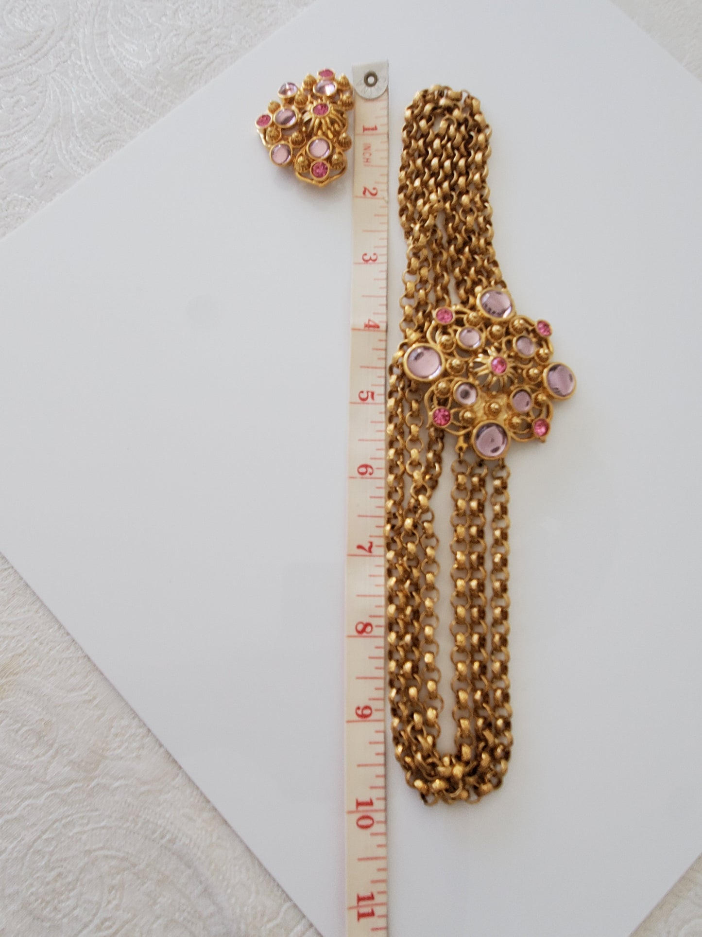 BARRERA for AVON Vintage 1992 Marbella Collection Pink And Lavendar Cabochons Moghul Pendant Necklace And Clip Earring Set