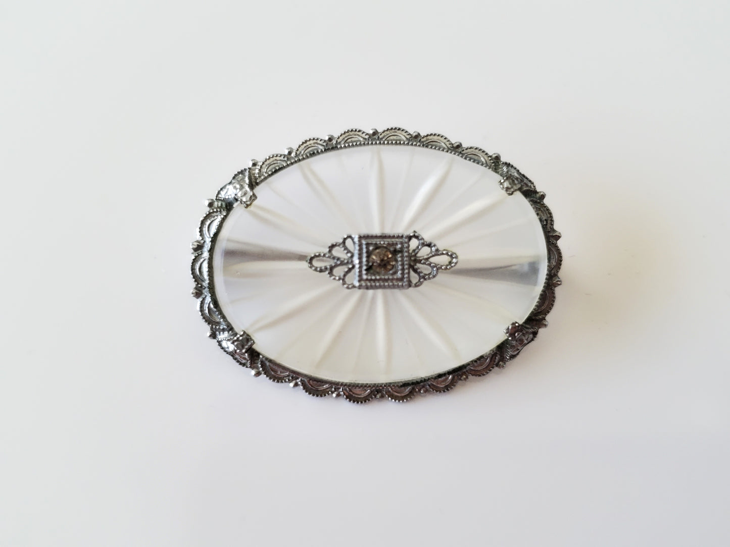 Vintage Silver-tone Camphor Glass Brooch Pin