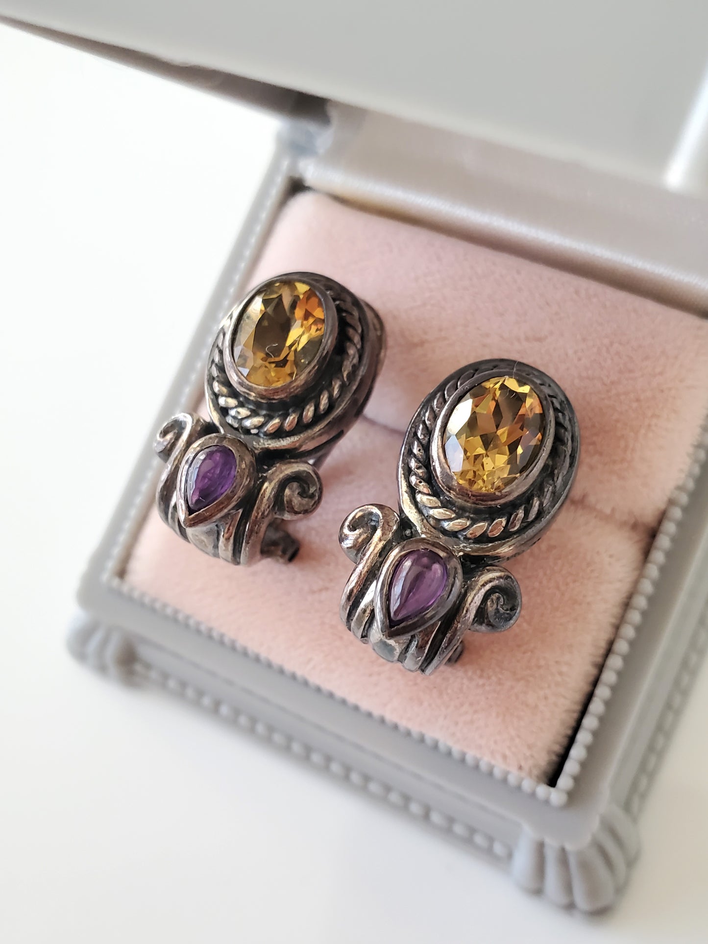 Amethyst and Citrine Sterling Silver Omega Earrings