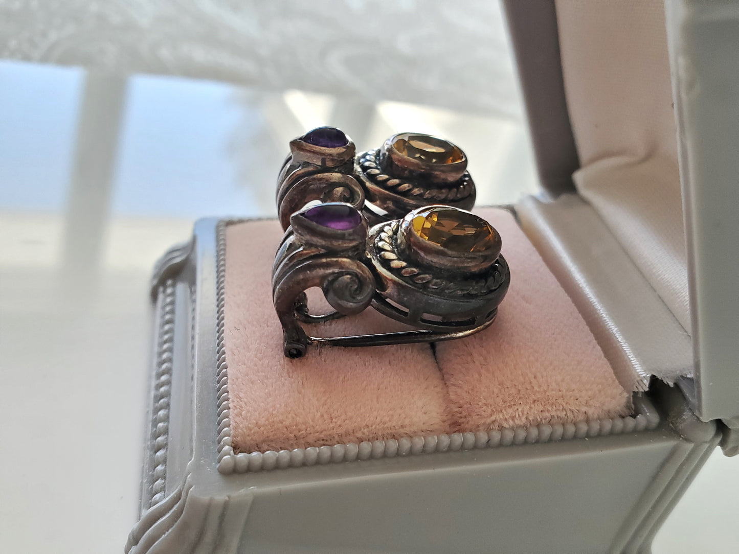 Amethyst and Citrine Sterling Silver Omega Earrings