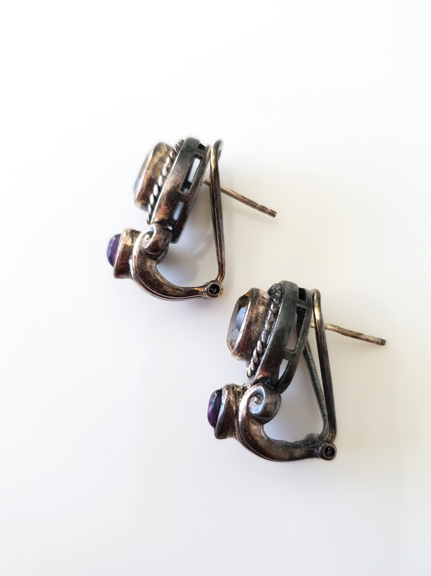 Amethyst and Citrine Sterling Silver Omega Earrings