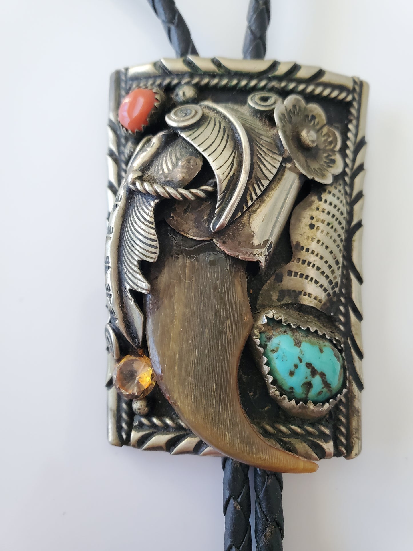 Navajo Turquoise Coral Faux Claw Bolo Tie