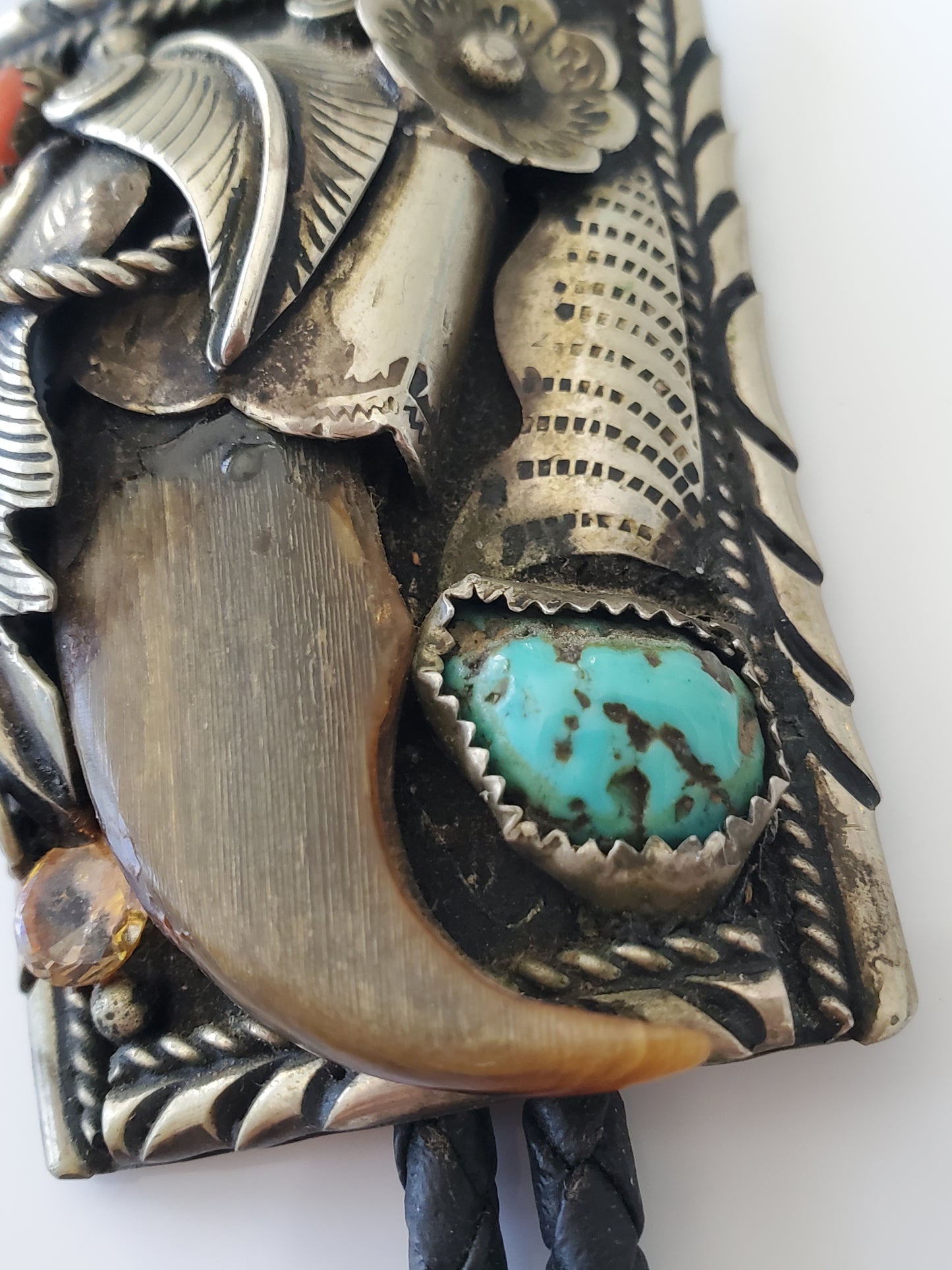 Navajo Turquoise Coral Faux Claw Bolo Tie