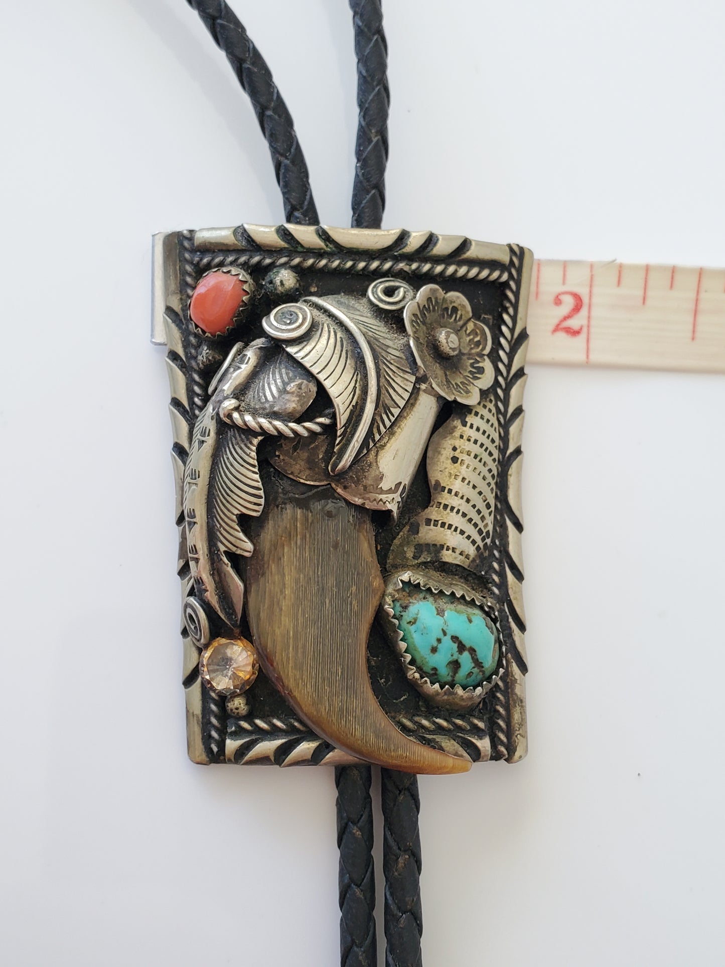 Navajo Turquoise Coral Faux Claw Bolo Tie