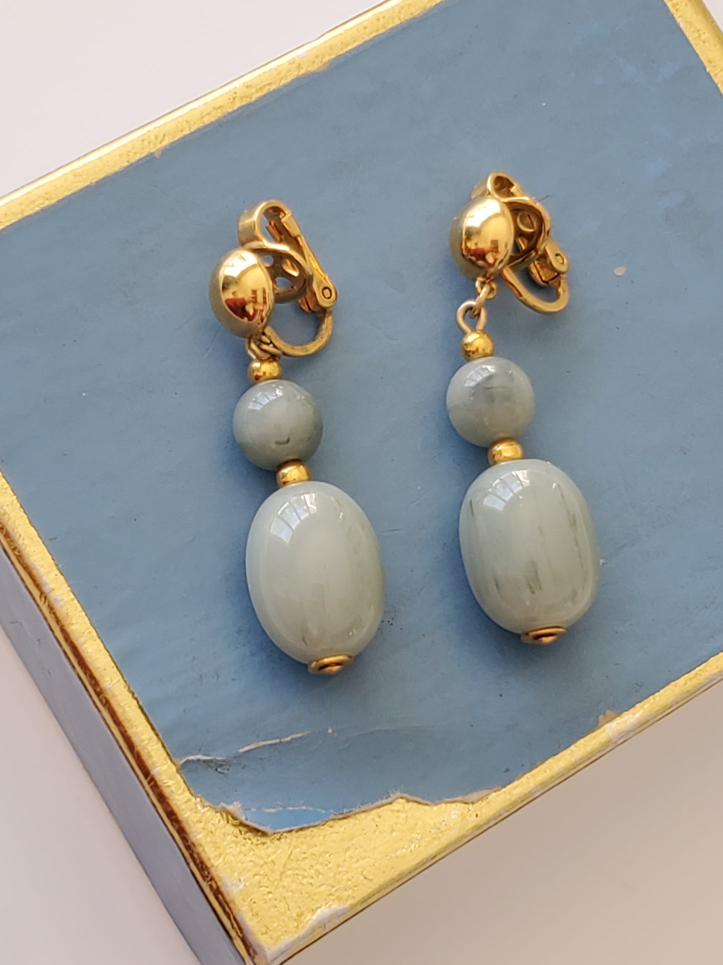 Vintage Mid-Century Crown Trifari Designer Faux Jade Dangle Earrings