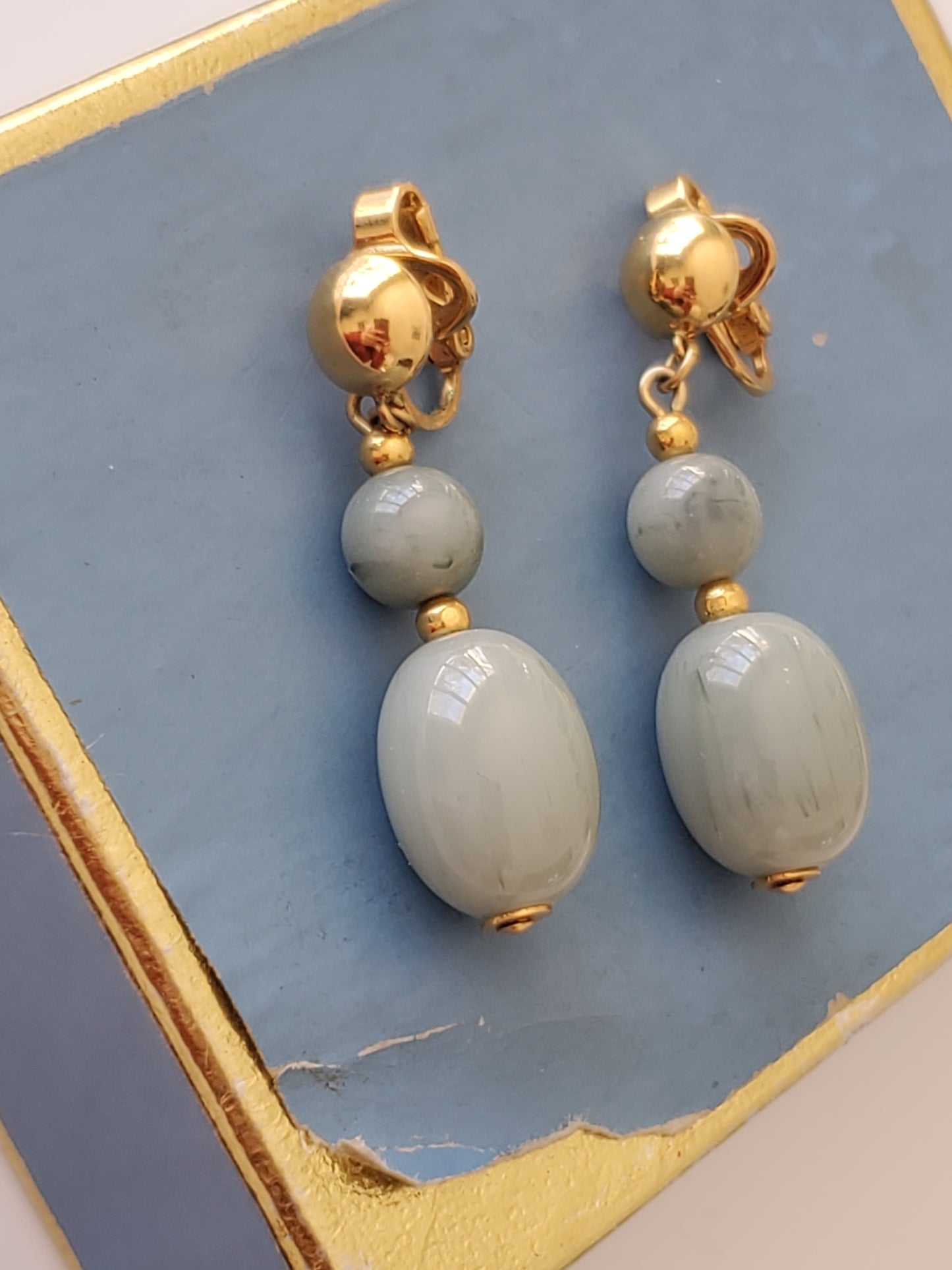 Vintage Mid-Century Crown Trifari Designer Faux Jade Dangle Earrings