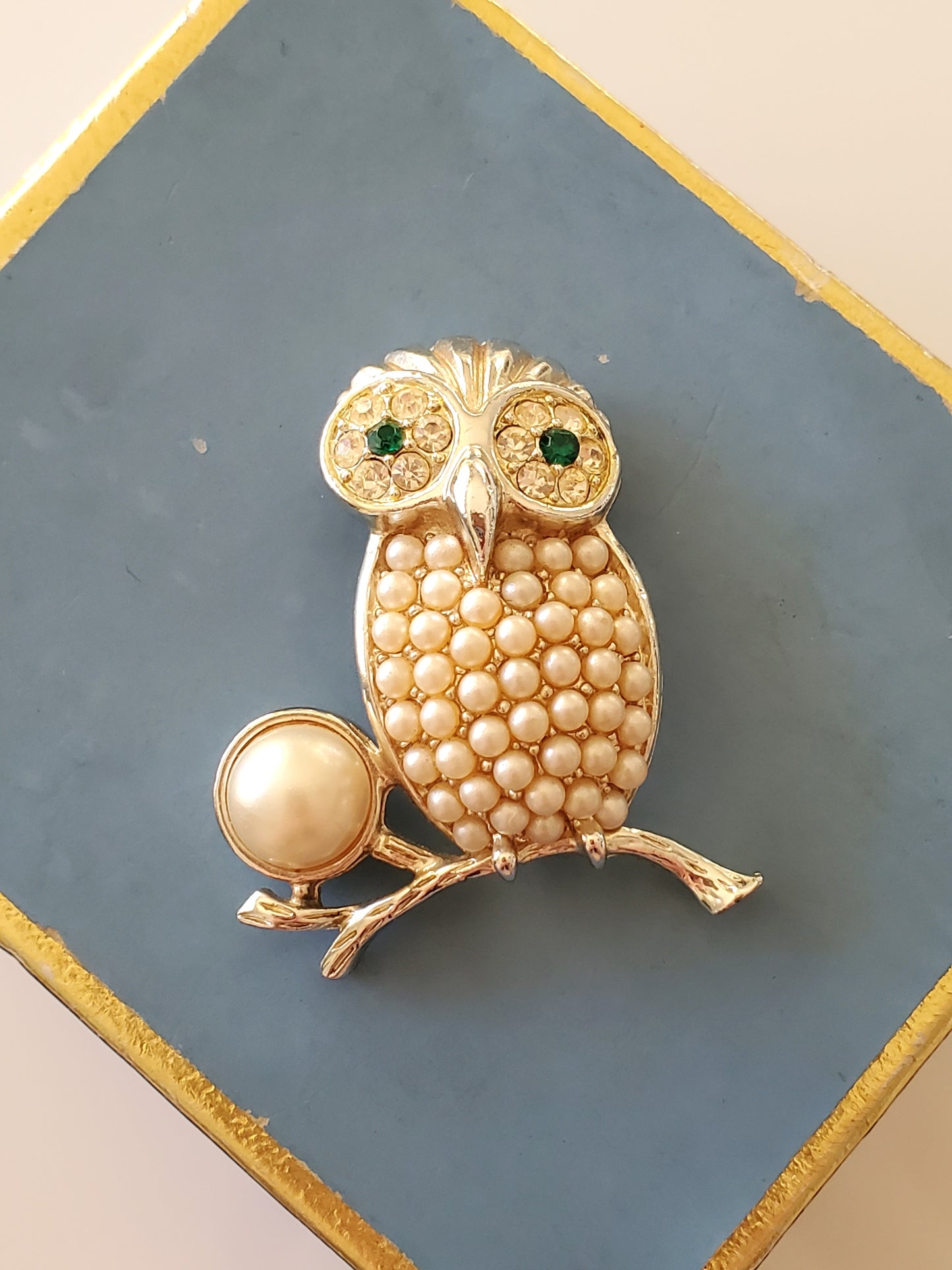 Vintage Sarah Coventry Faux Pearl and Green Eyes Owl Brooch