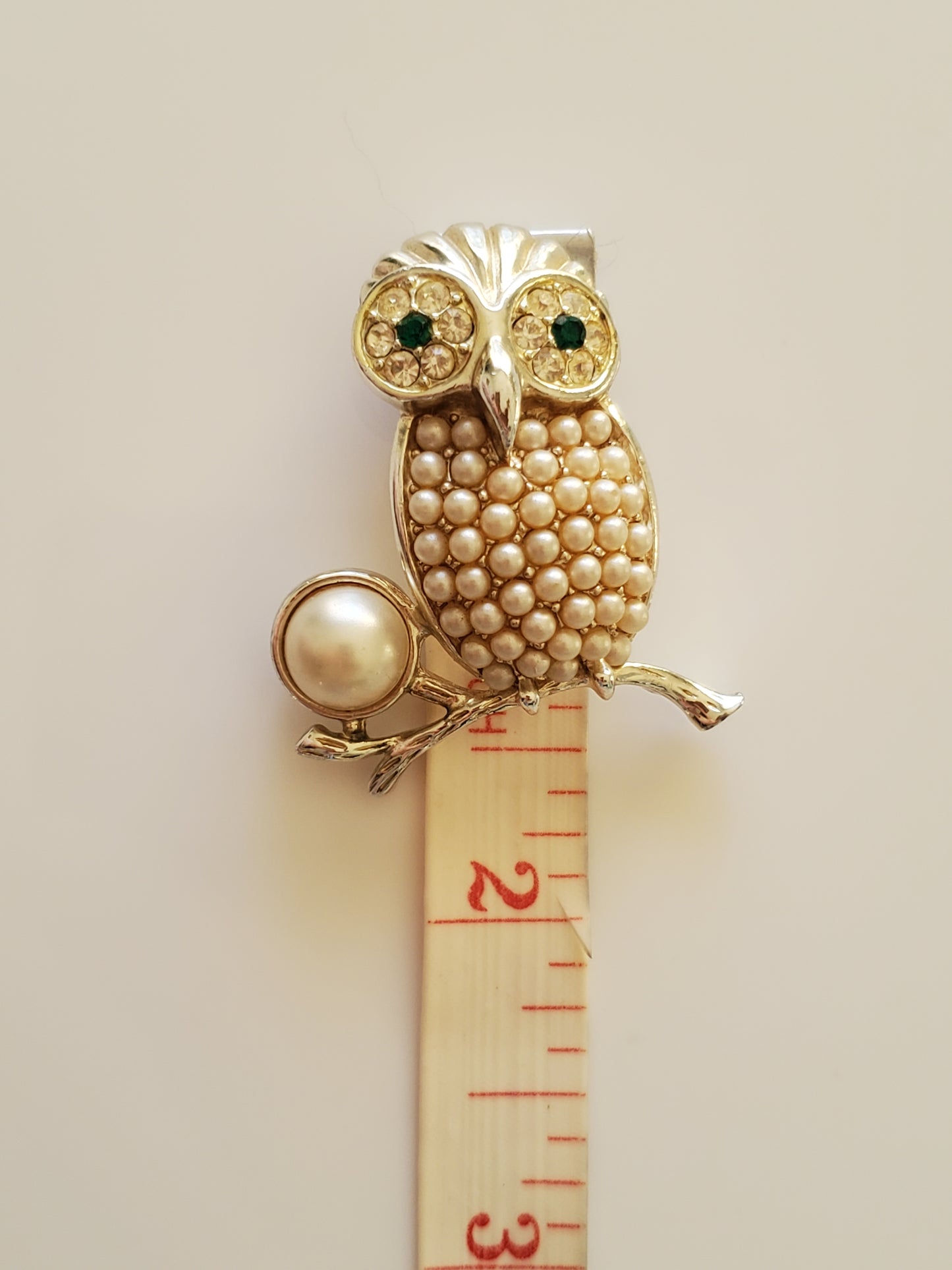 Vintage Sarah Coventry Faux Pearl and Green Eyes Owl Brooch