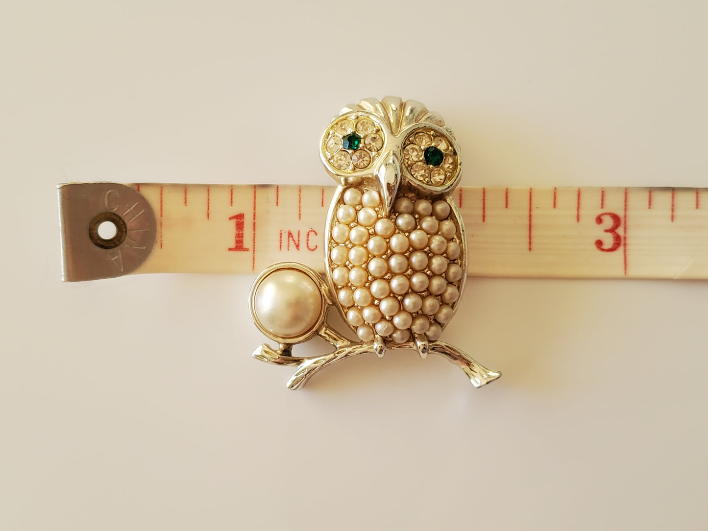 Vintage Sarah Coventry Faux Pearl and Green Eyes Owl Brooch