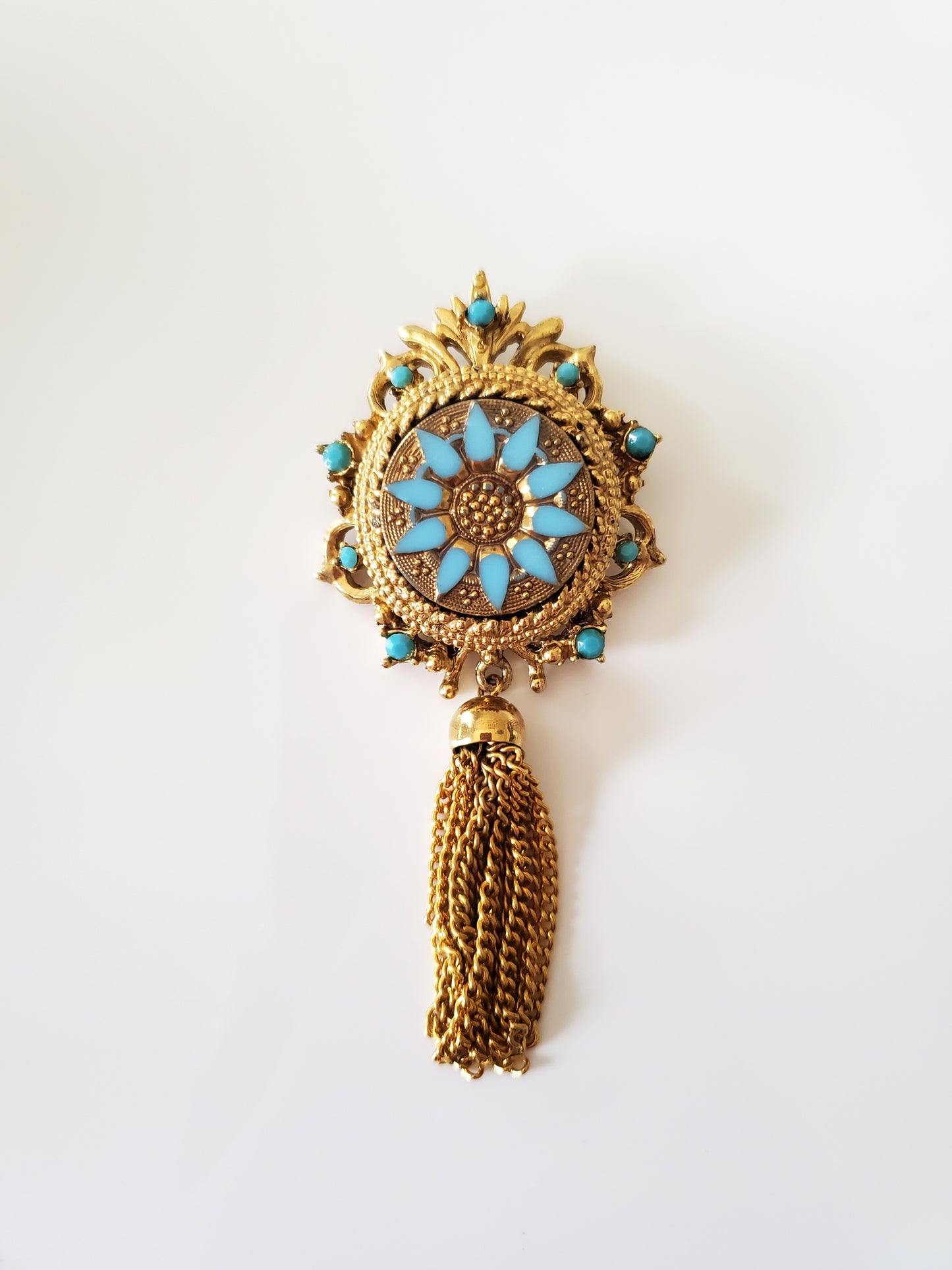 Vintage Sphinx Turquoise Filigree Brooch