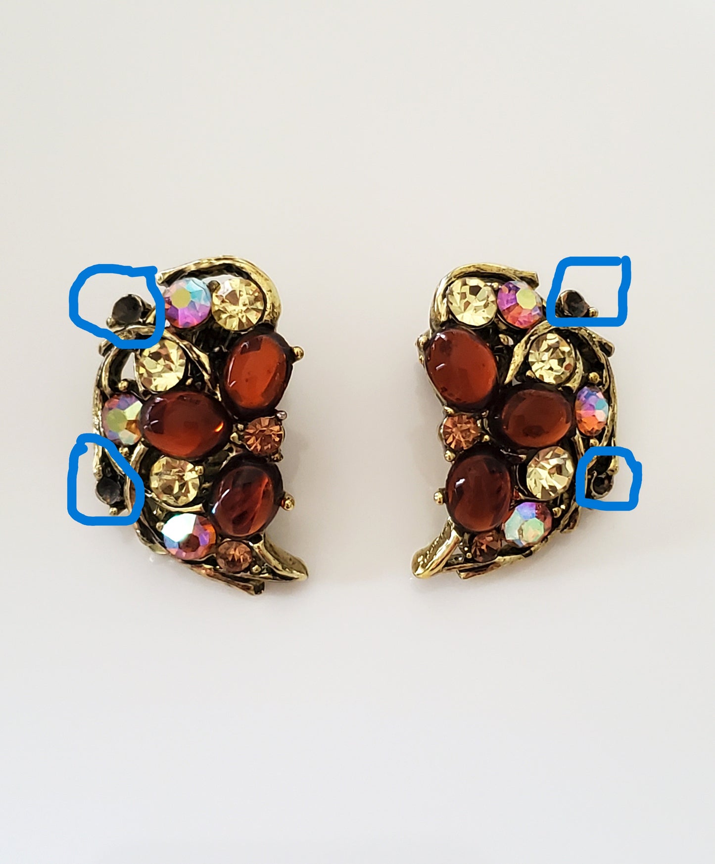 Vintage Mid-Century Amber and AB Rhinestone Clip On Earrings by Weiss