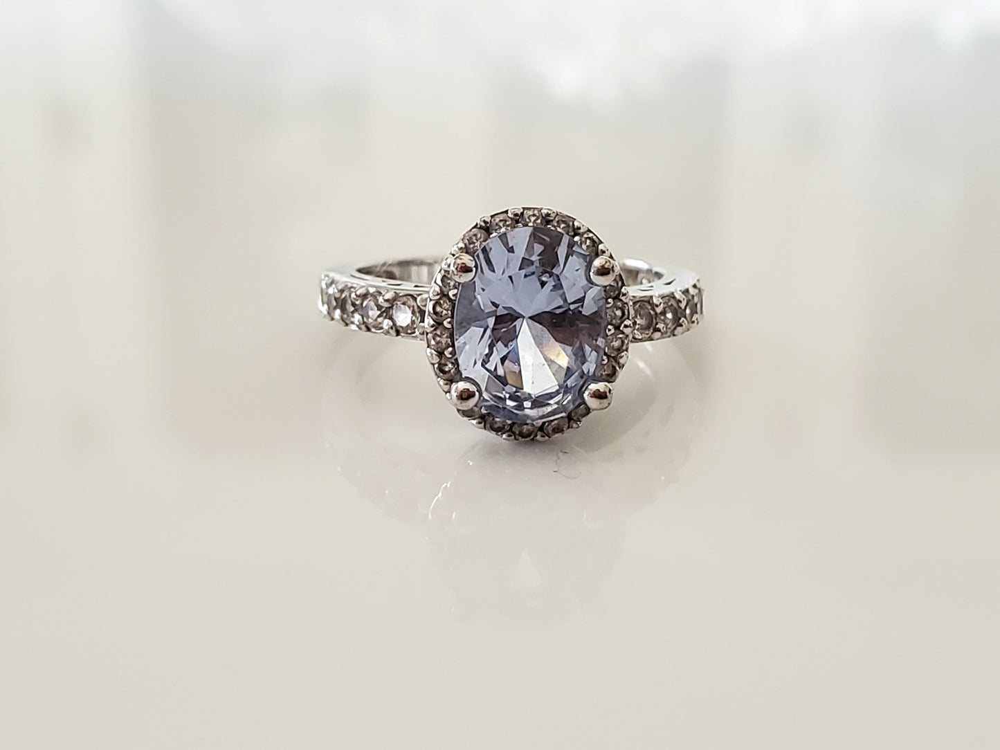 Blue Stone and CZ Halo Sterling Silver Ring