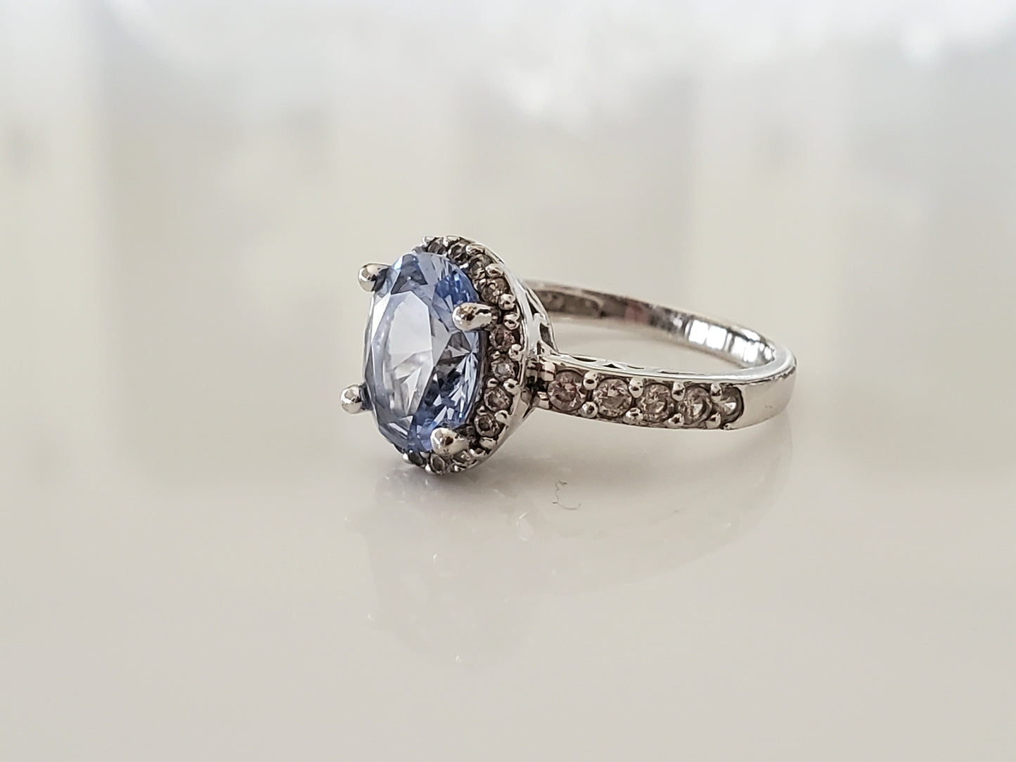 Blue Stone and CZ Halo Sterling Silver Ring