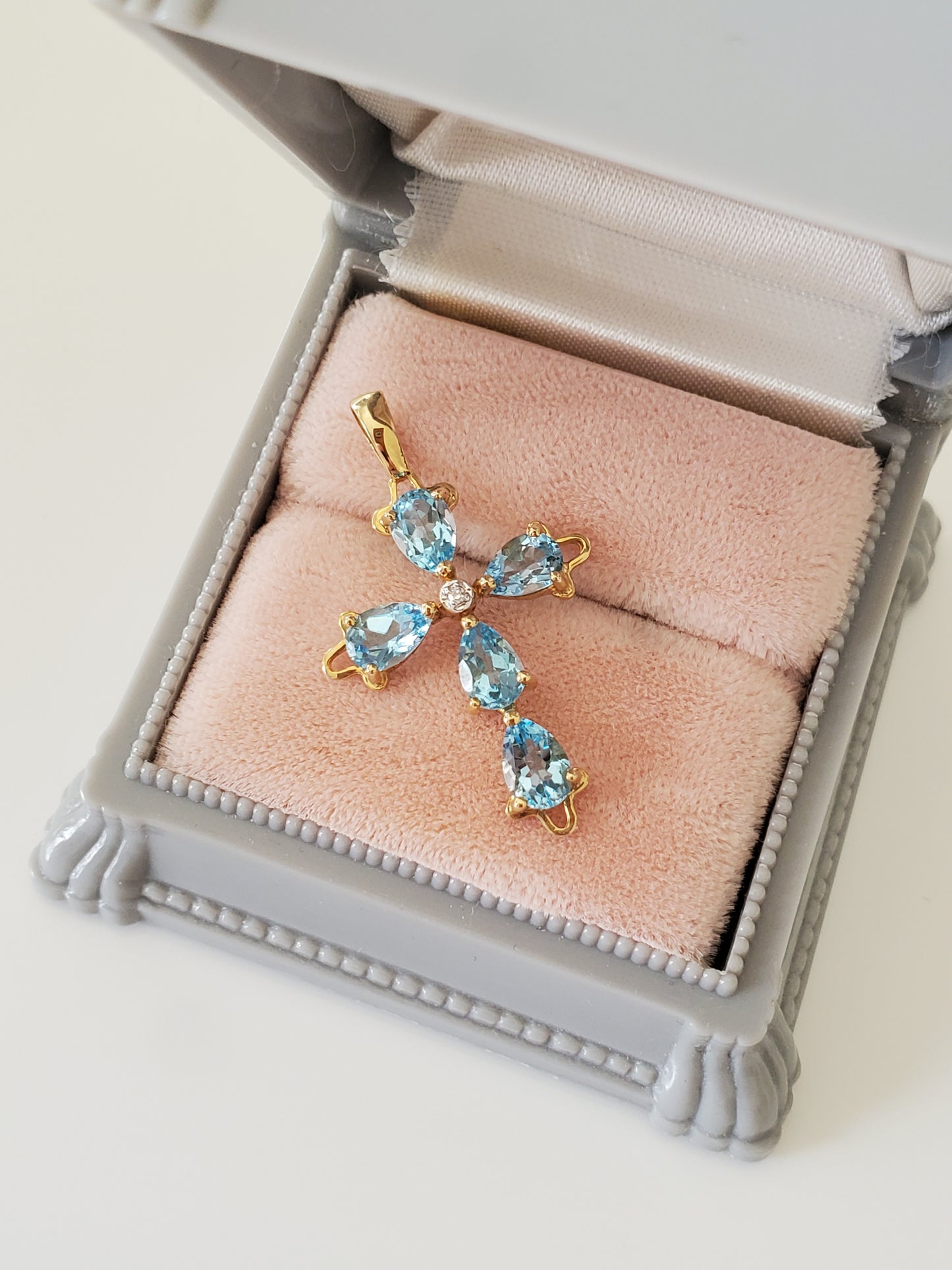 Vintage 14K Solid Gold Topaz and Diamond Cross Pendant