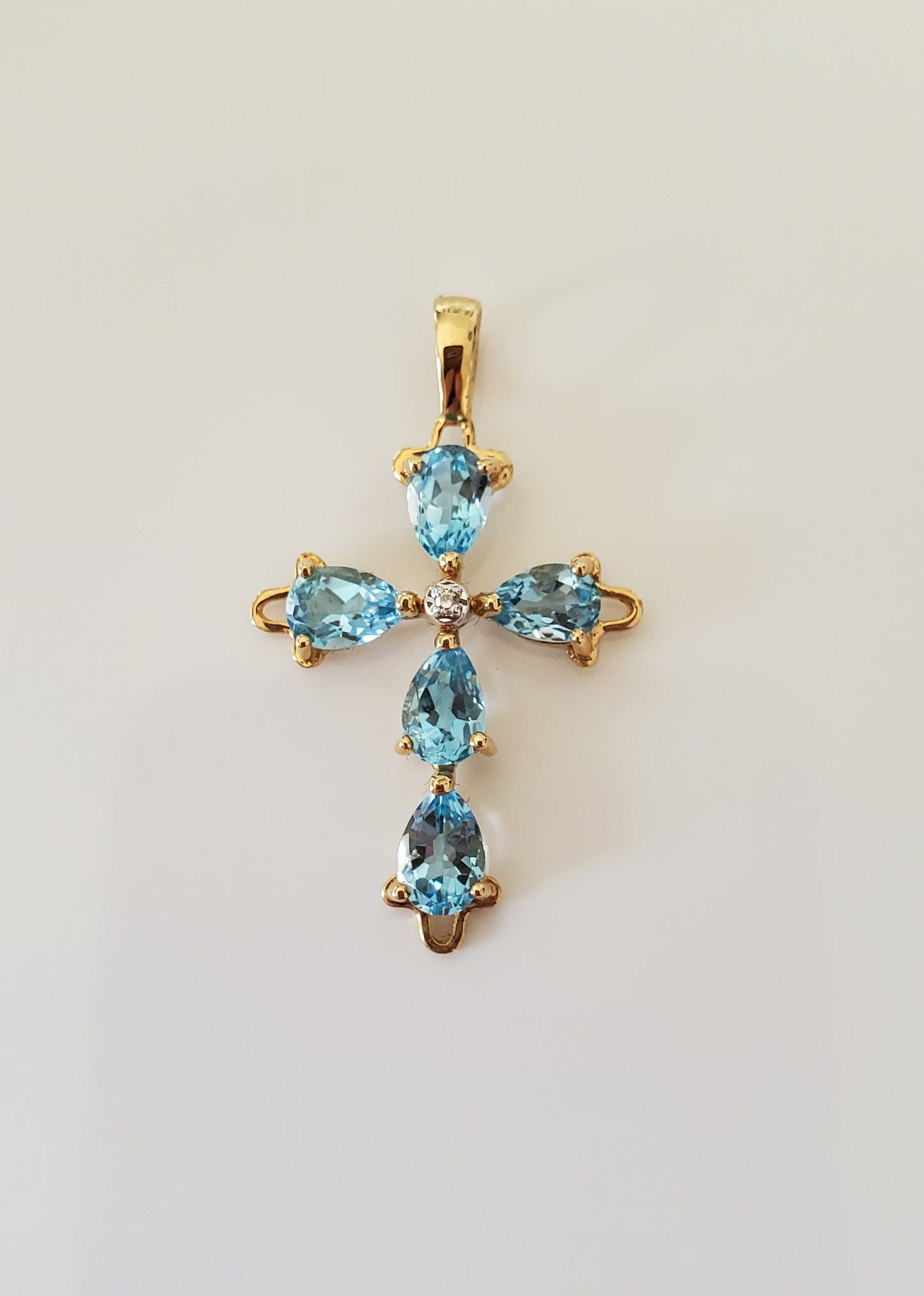 Vintage 14K Solid Gold Topaz and Diamond Cross Pendant