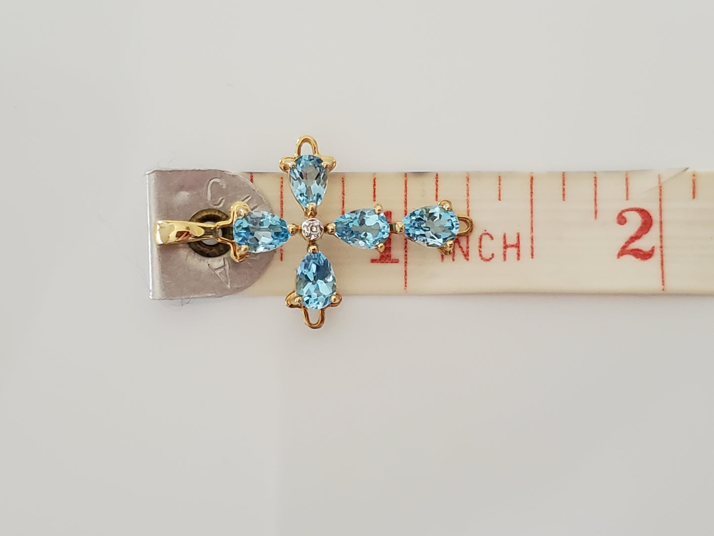 Vintage 14K Solid Gold Topaz and Diamond Cross Pendant