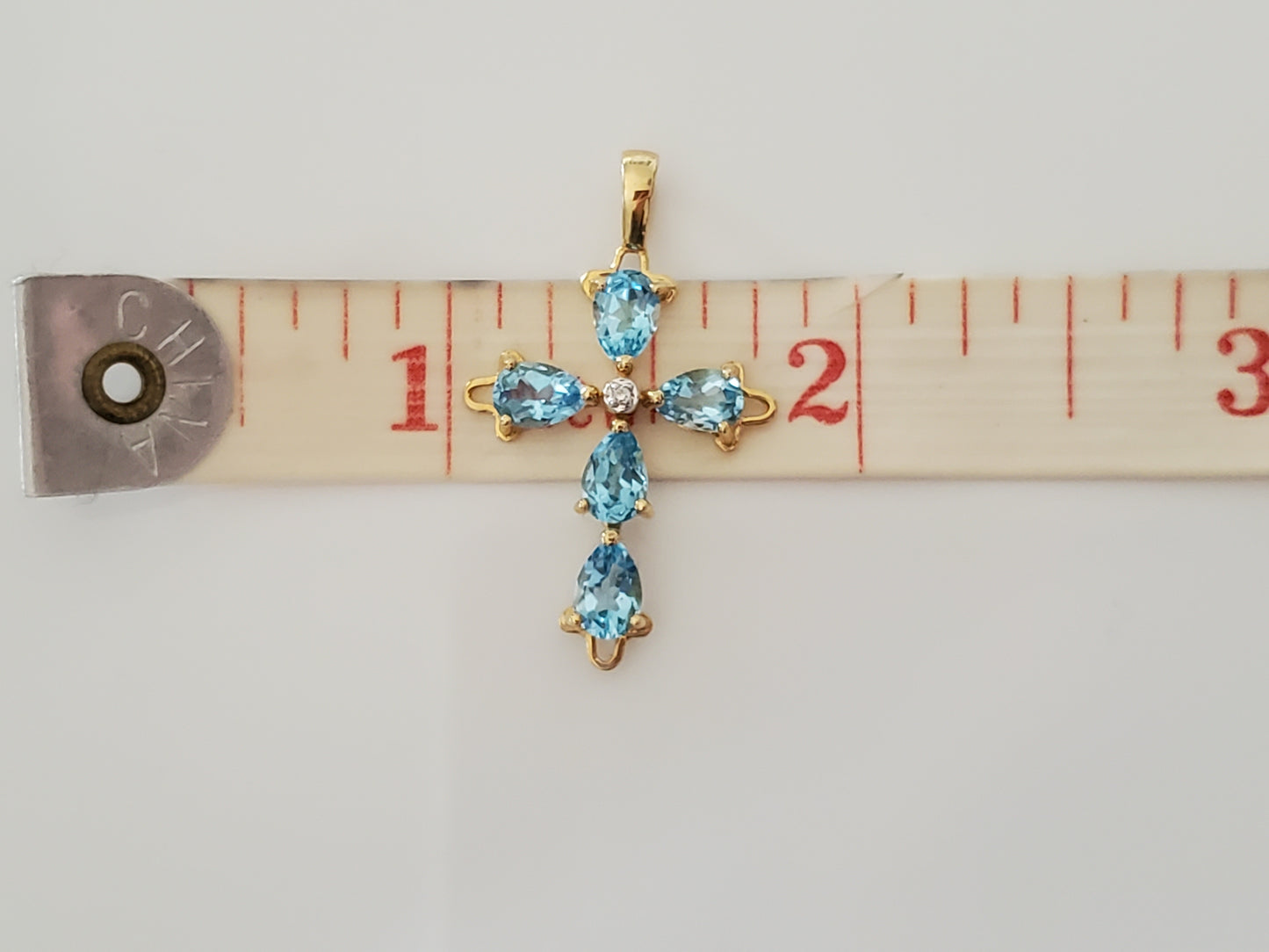 Vintage 14K Solid Gold Topaz and Diamond Cross Pendant