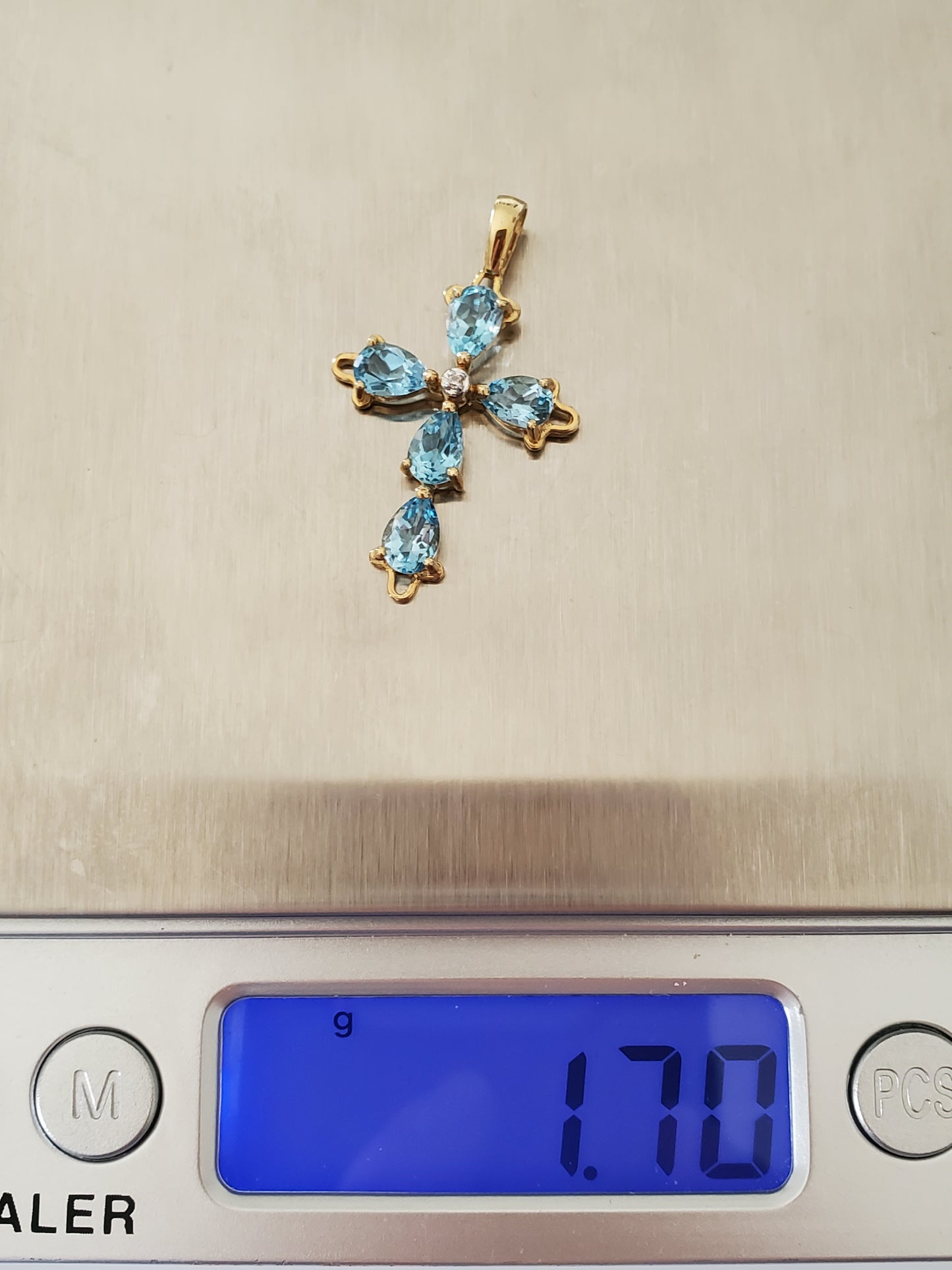 Vintage 14K Solid Gold Topaz and Diamond Cross Pendant