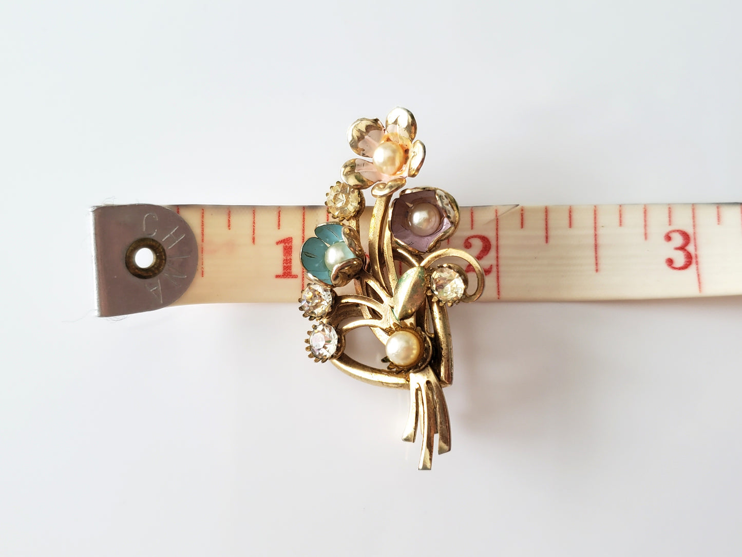 Vintage Metal Pastel Enamel Rhinestone and Faux Pearl Brooch