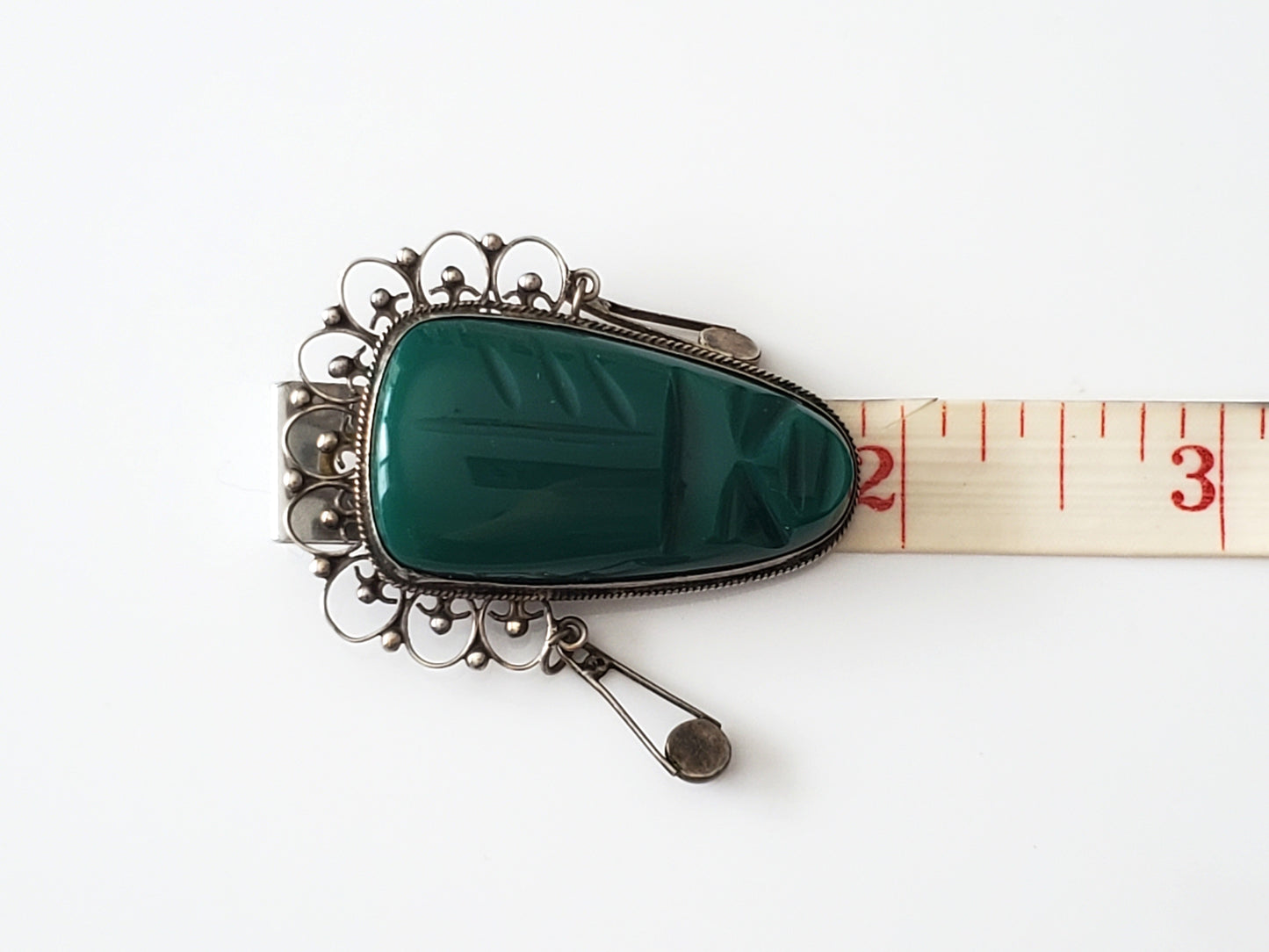 Vintage Sterling Silver Carved Chrysoprase Aztec Mayan Warrior Pin Brooch