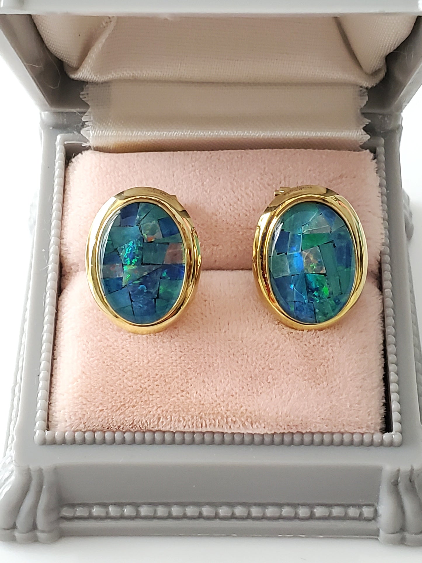Vintage 14K Gold Opal Mosaic Triplet Omega Earrings