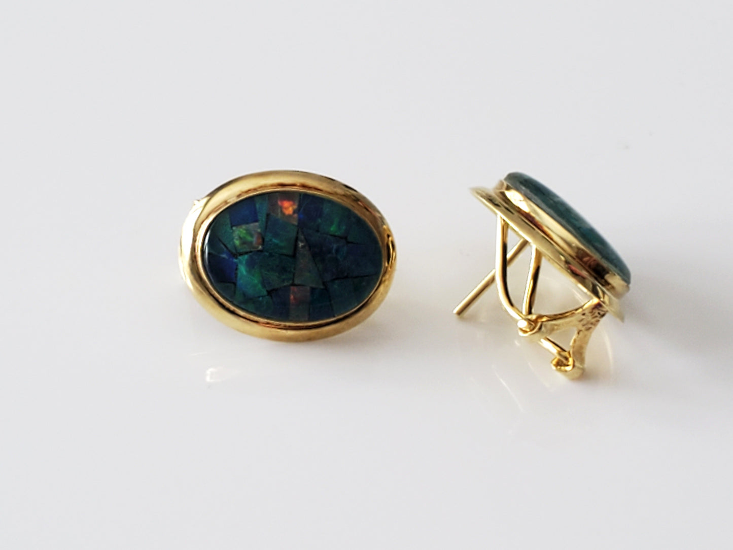 Vintage 14K Gold Opal Mosaic Triplet Omega Earrings