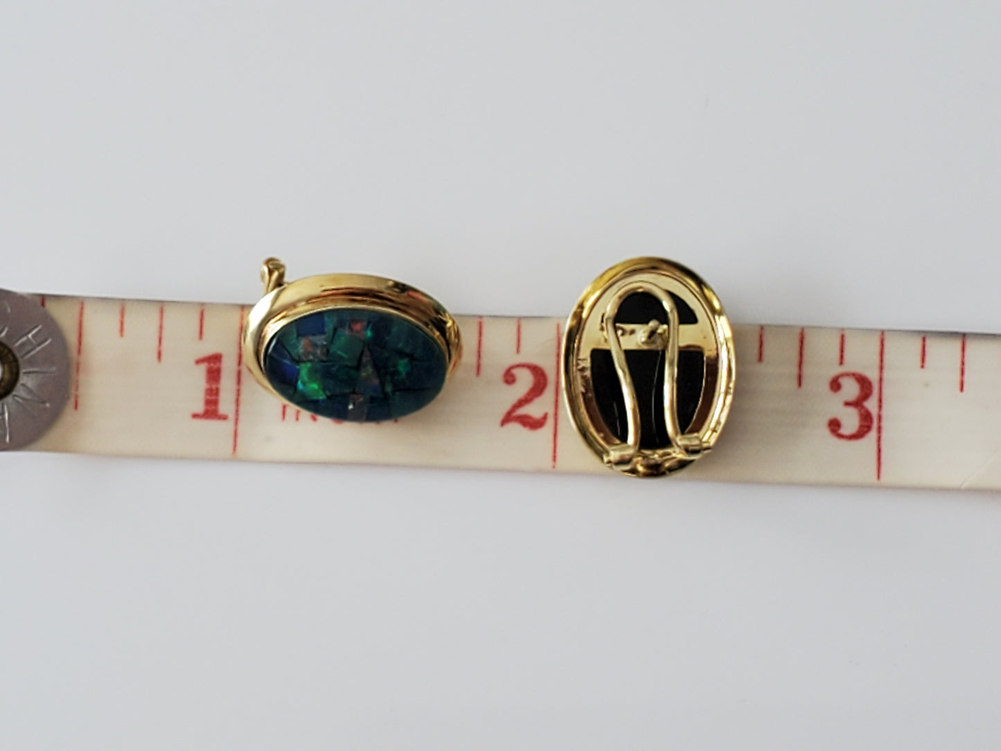 Vintage 14K Gold Opal Mosaic Triplet Omega Earrings