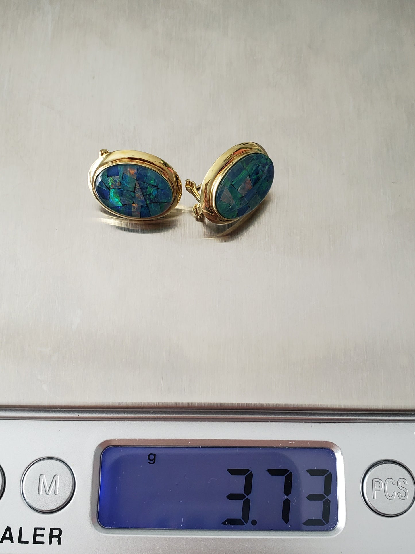 Vintage 14K Gold Opal Mosaic Triplet Omega Earrings