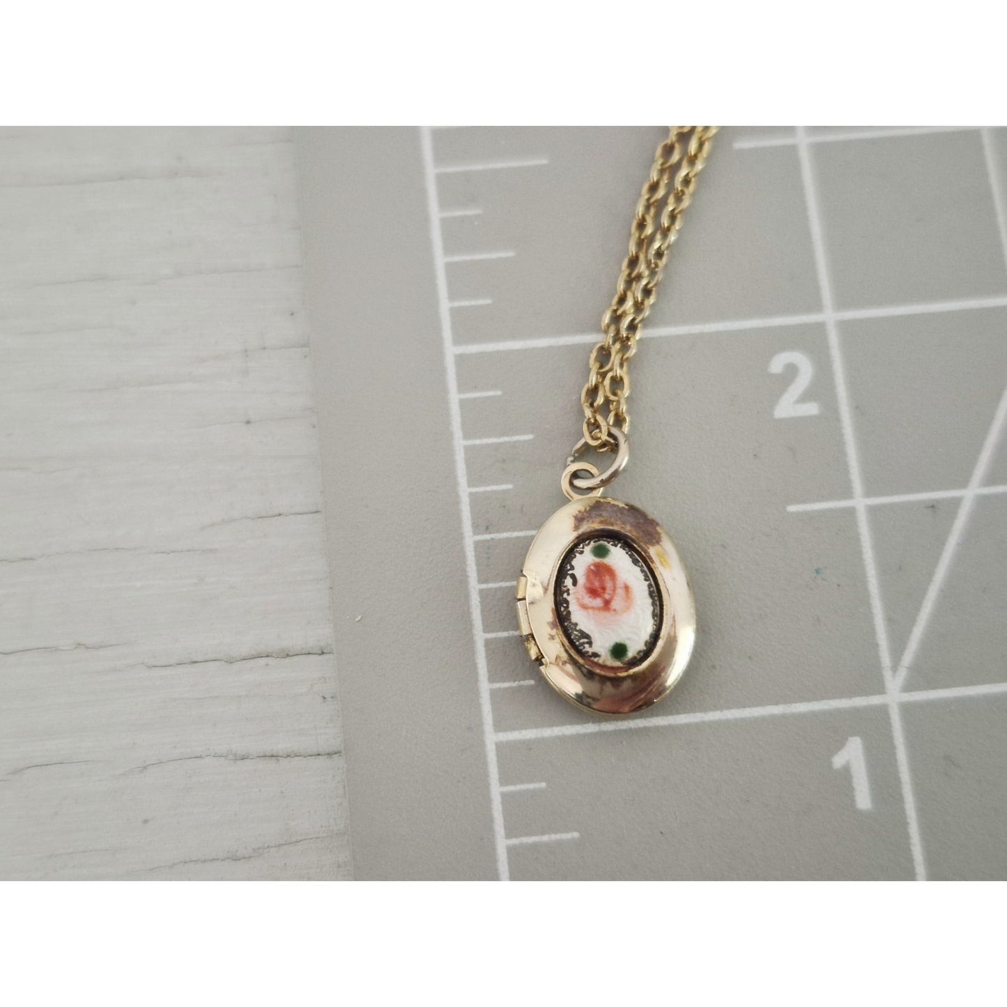 Vintage Small Pink Rose Bud Guilloche Enamel Gold Filled Locket Necklace