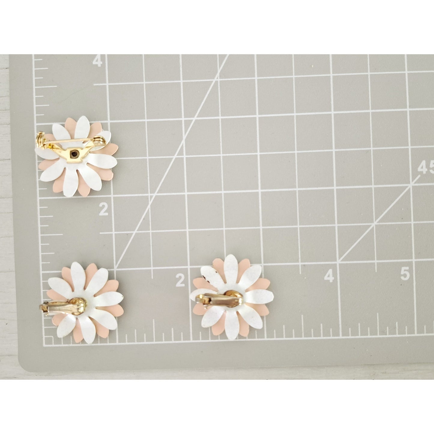 Blush Pink and White Layered Enamel Metal Flower Brooch and Earring Set