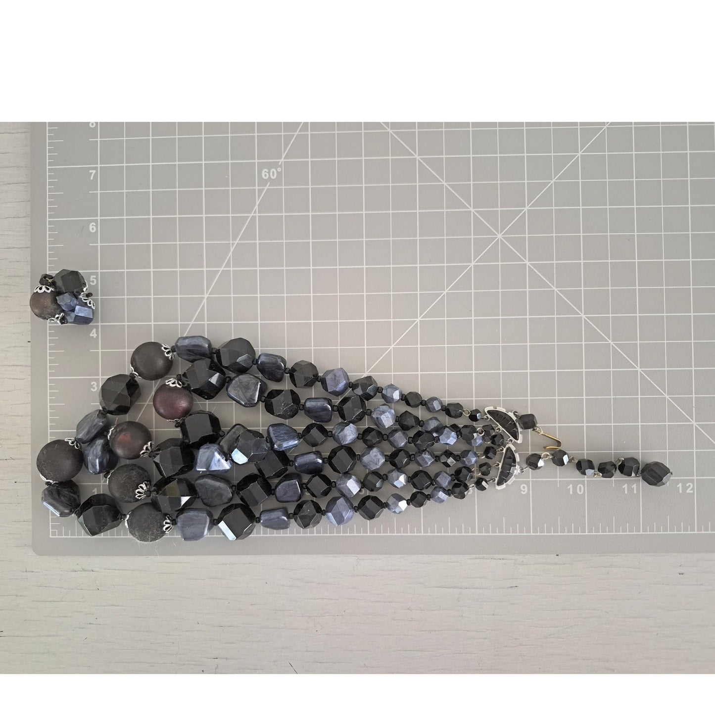 Vintage Germany Black Acrylic Beaded Multistrand Choker Necklace and Earring Set