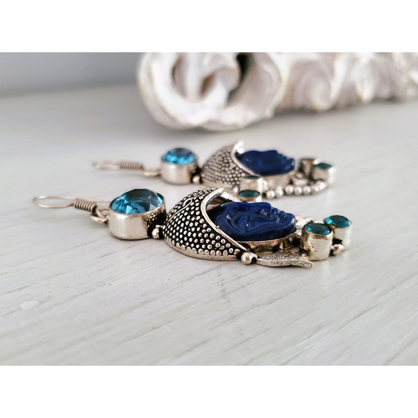 Sterling Silver Balinese Goddess Blue Face Topaz Statement Earrings