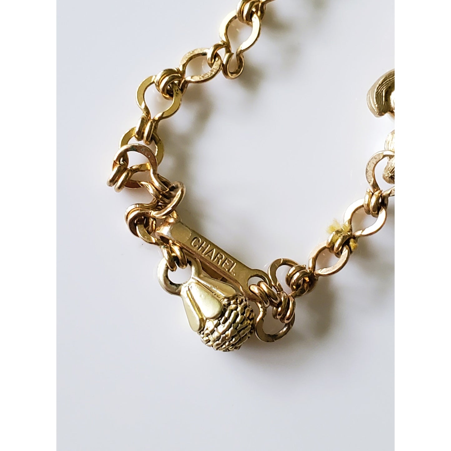 Vintage Gold Tone Charel Leaf Link and Faux Pearl Choker Necklace