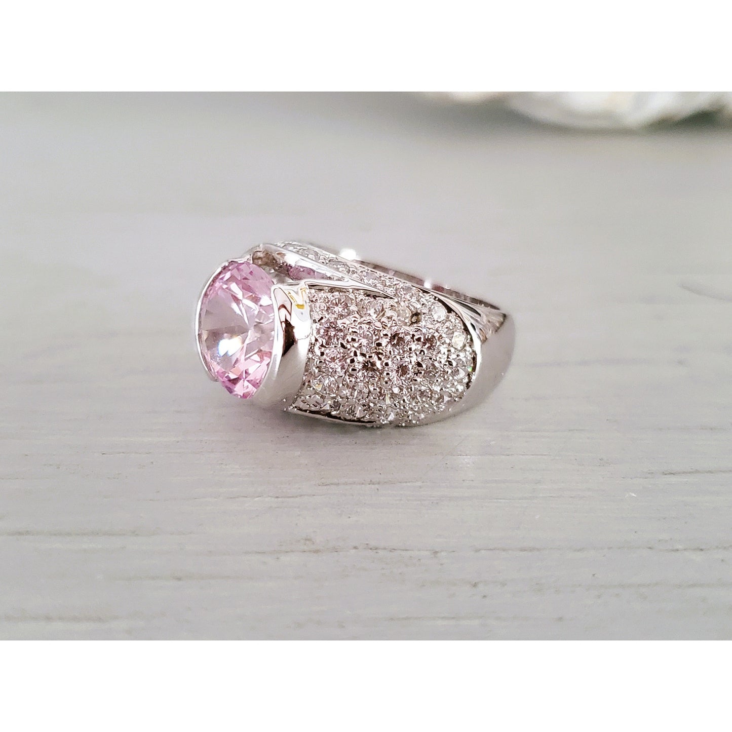 Sterling Silver Pink and Clear Crystal Zirconia Cocktail Ring