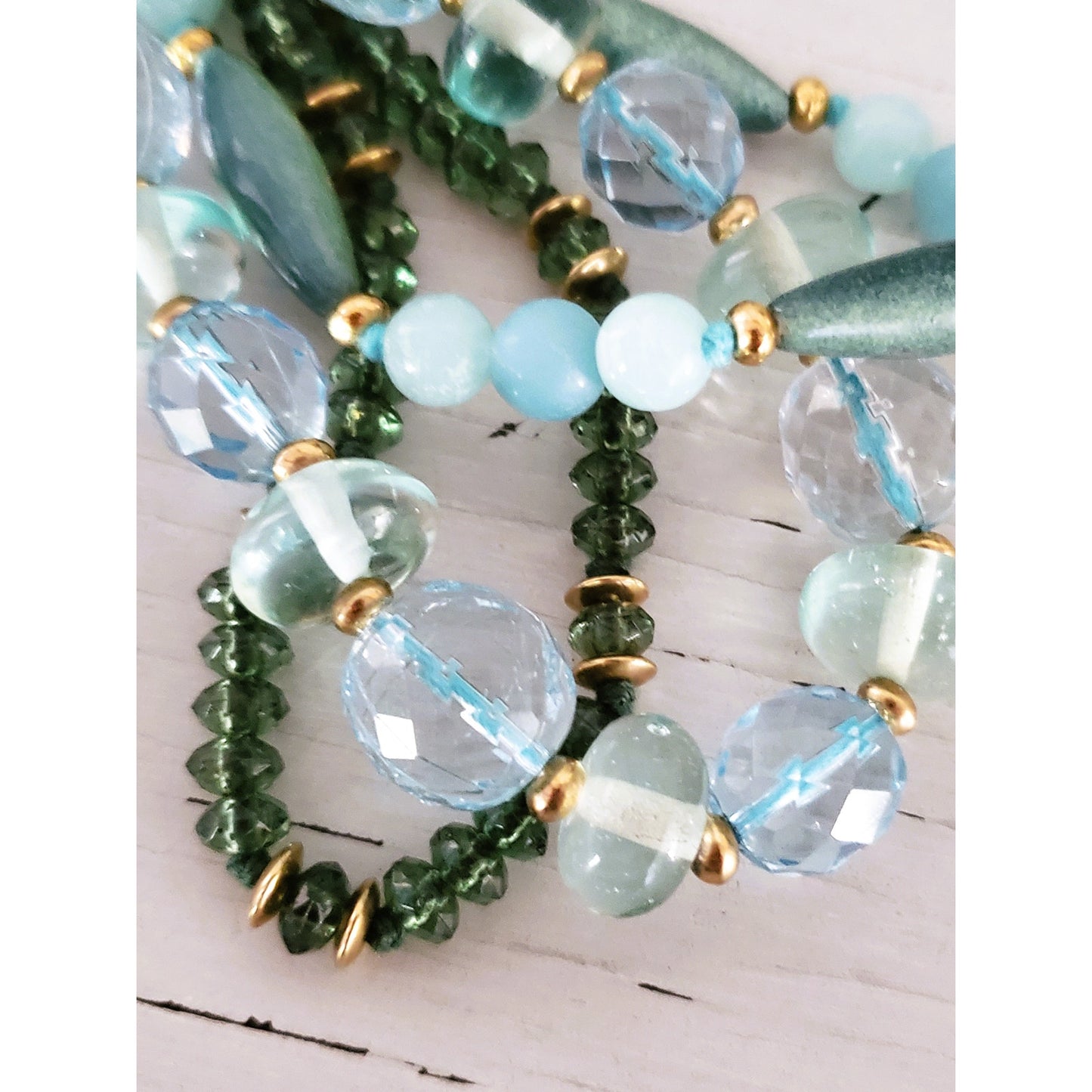 Monet Signed Light Green & Blue Necklace and Brooch Jewelry Set