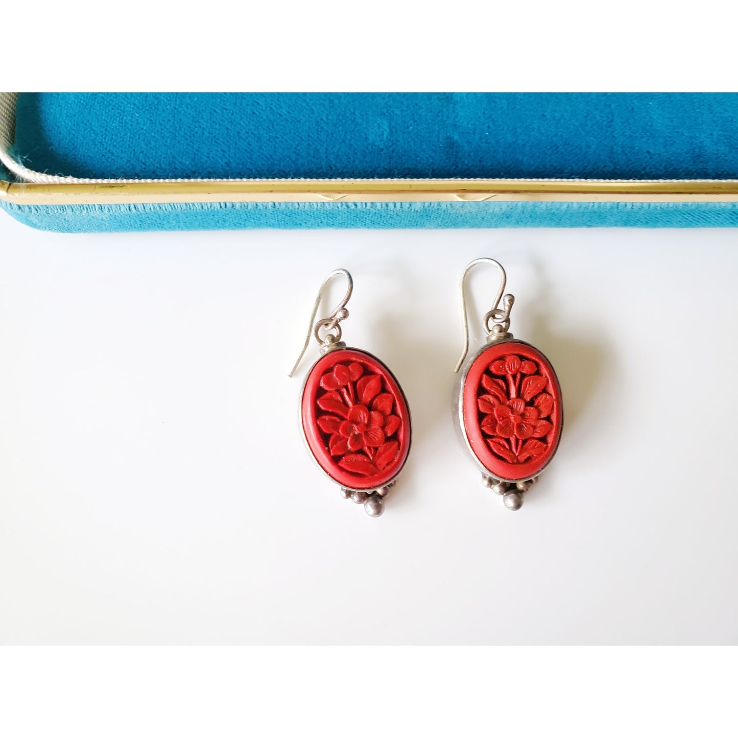 Vintage Sterling Silver Cinnabar Red Dangle Earrings