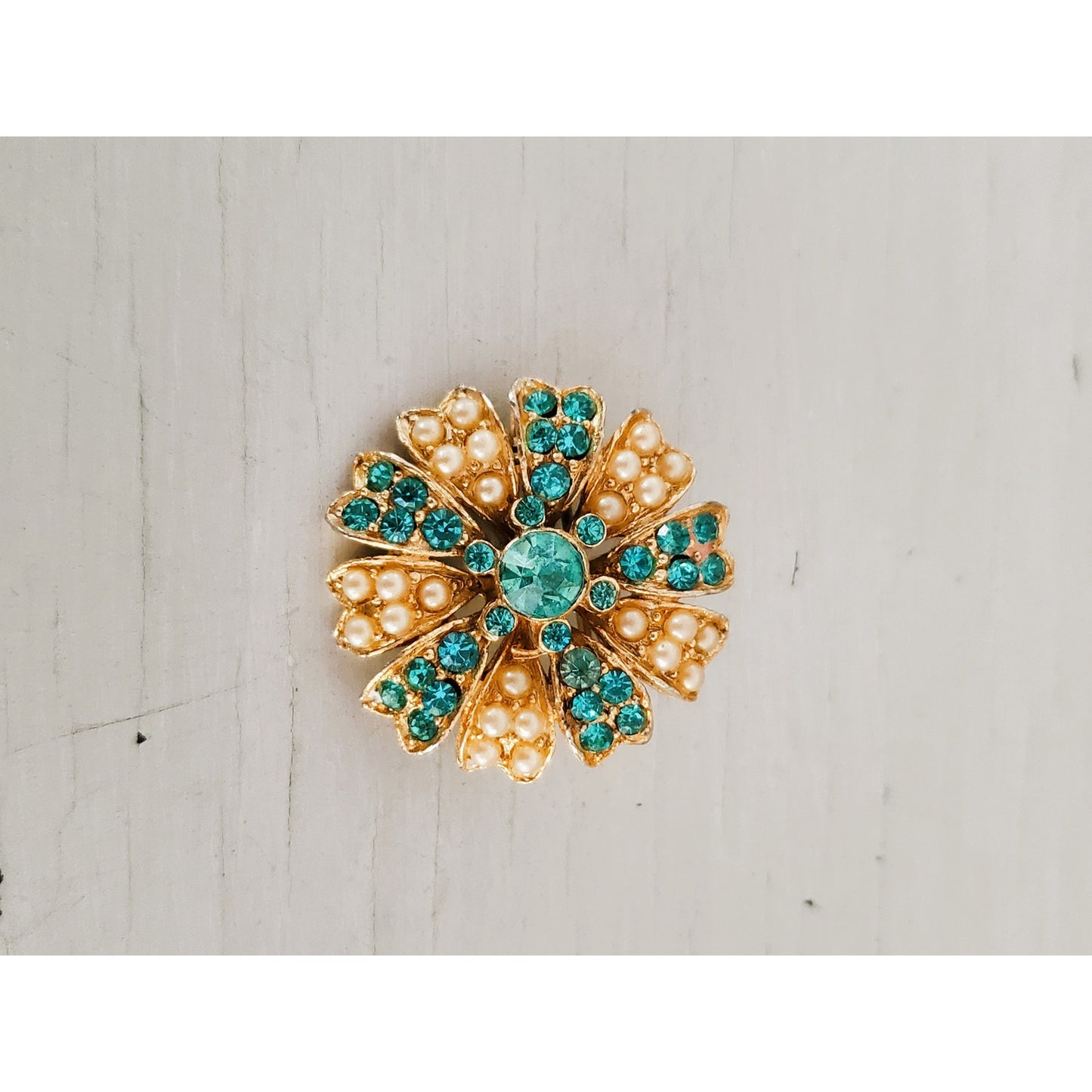 Vintage Gold Tone and Green Rhinestone Brooch and Earring Set
