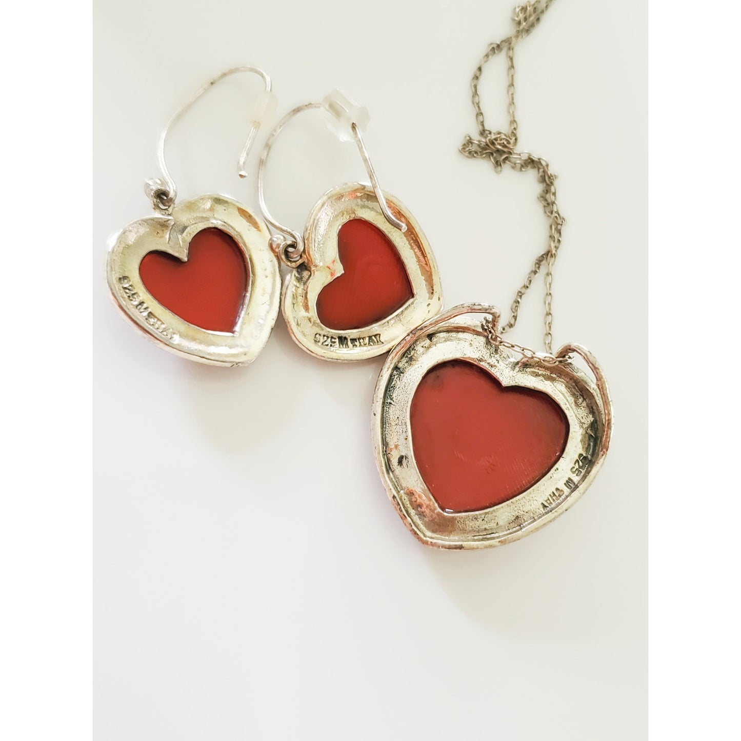 Sterling Silver Red Heart Marcasite Necklace and Earring Set