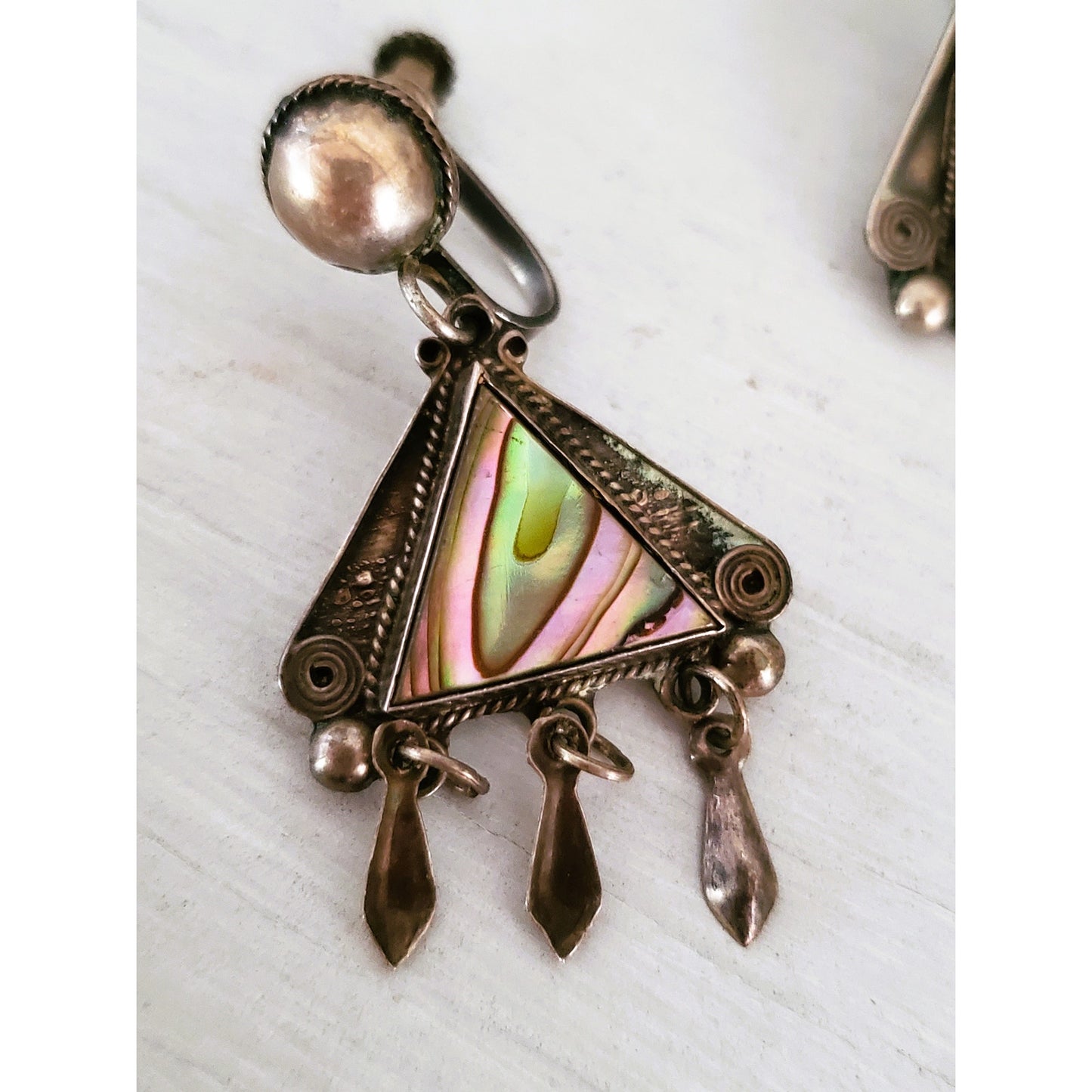 Vintage Sterling Silver Mother of Pearl Dangle Screw On Earrings