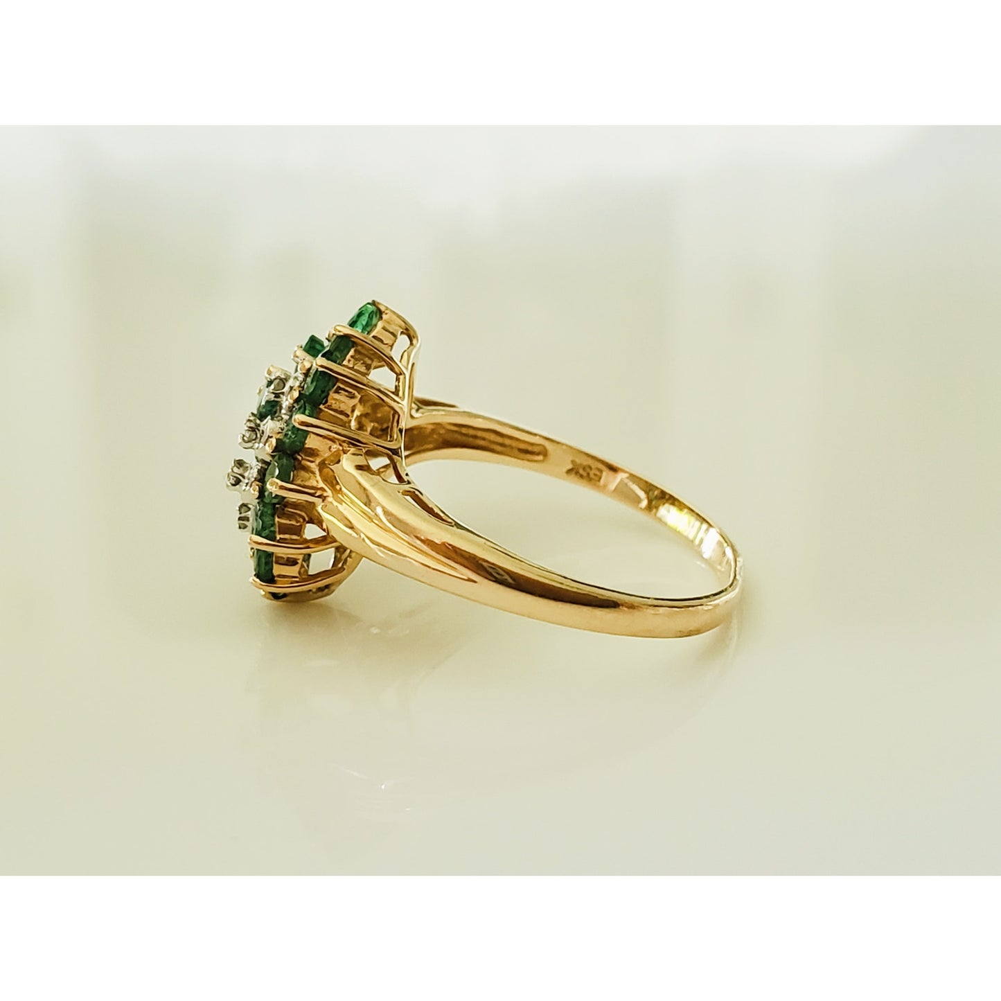 Vintage 14K Gold Emerald and Diamond Cluster Cocktail Ring