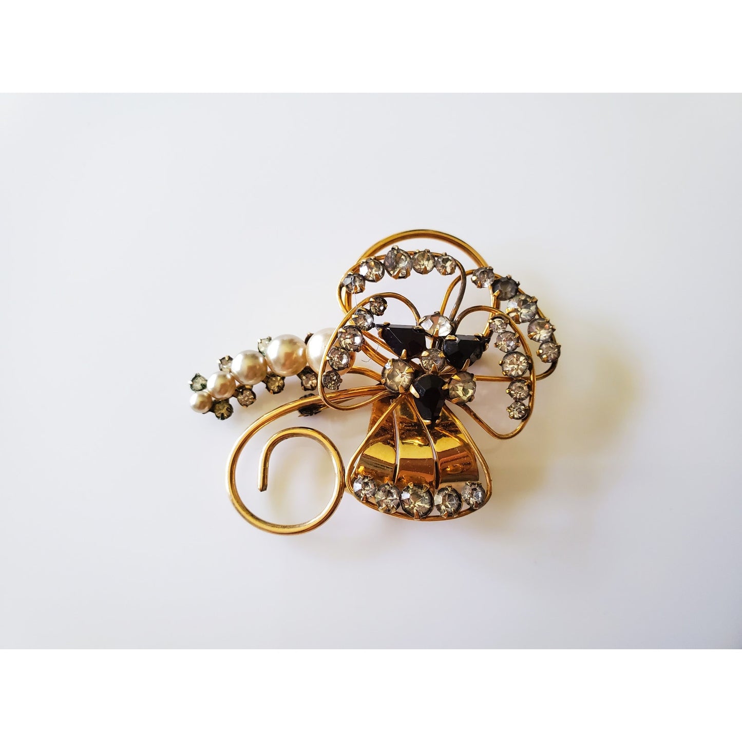 Vintage Gold Fill White Rhinestone Cocktail Set of Earrings and Brooch