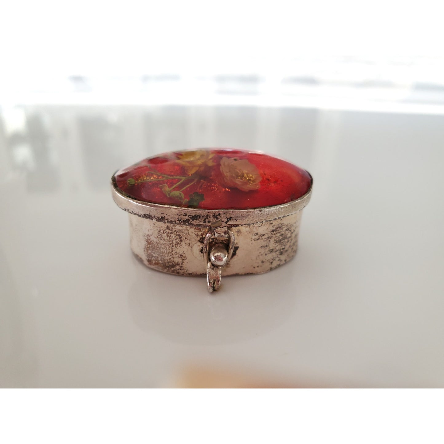 Vintage Sterling Silver Floral Lucite Pill Box
