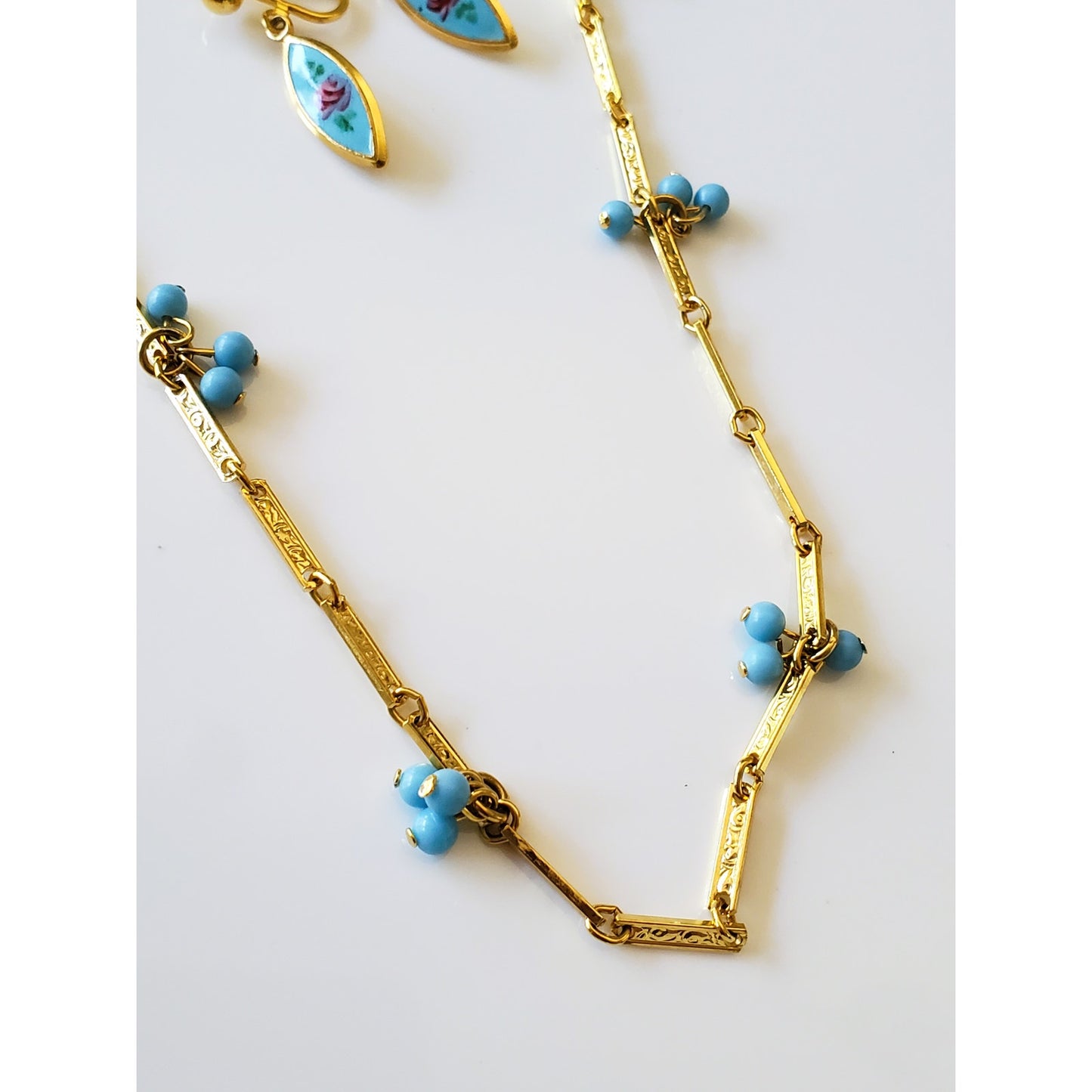 Vintage Long Blue Agate Necklace and Earring Set