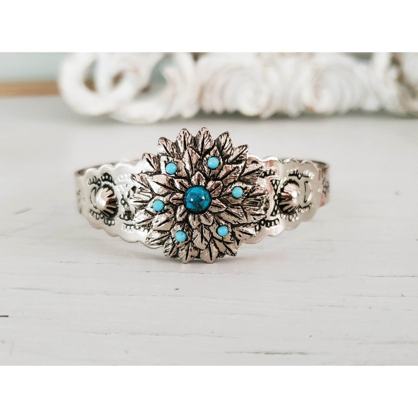 Vintage Turquoise and Silver Tone Floral Cuff Bracelet