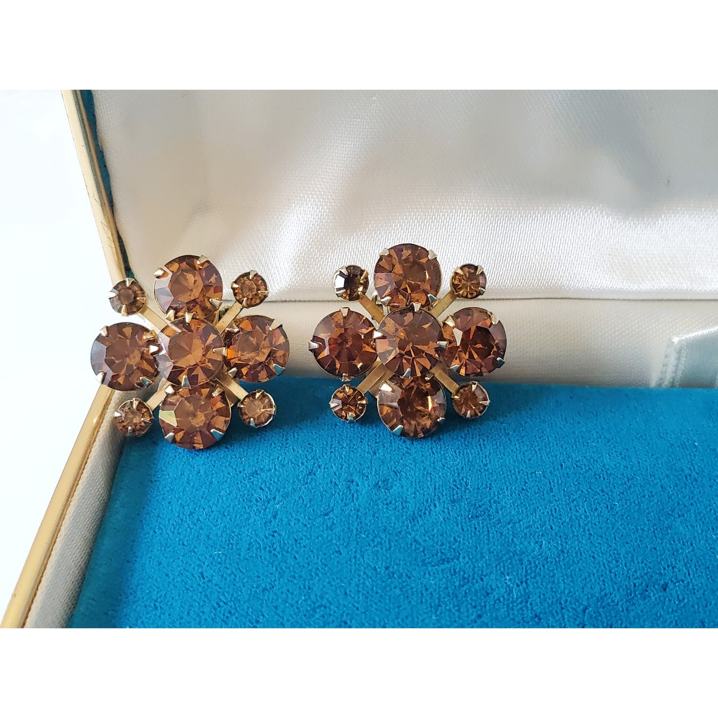 Vintage Weiss Amber Topaz Rhinestone Clip On Earrings
