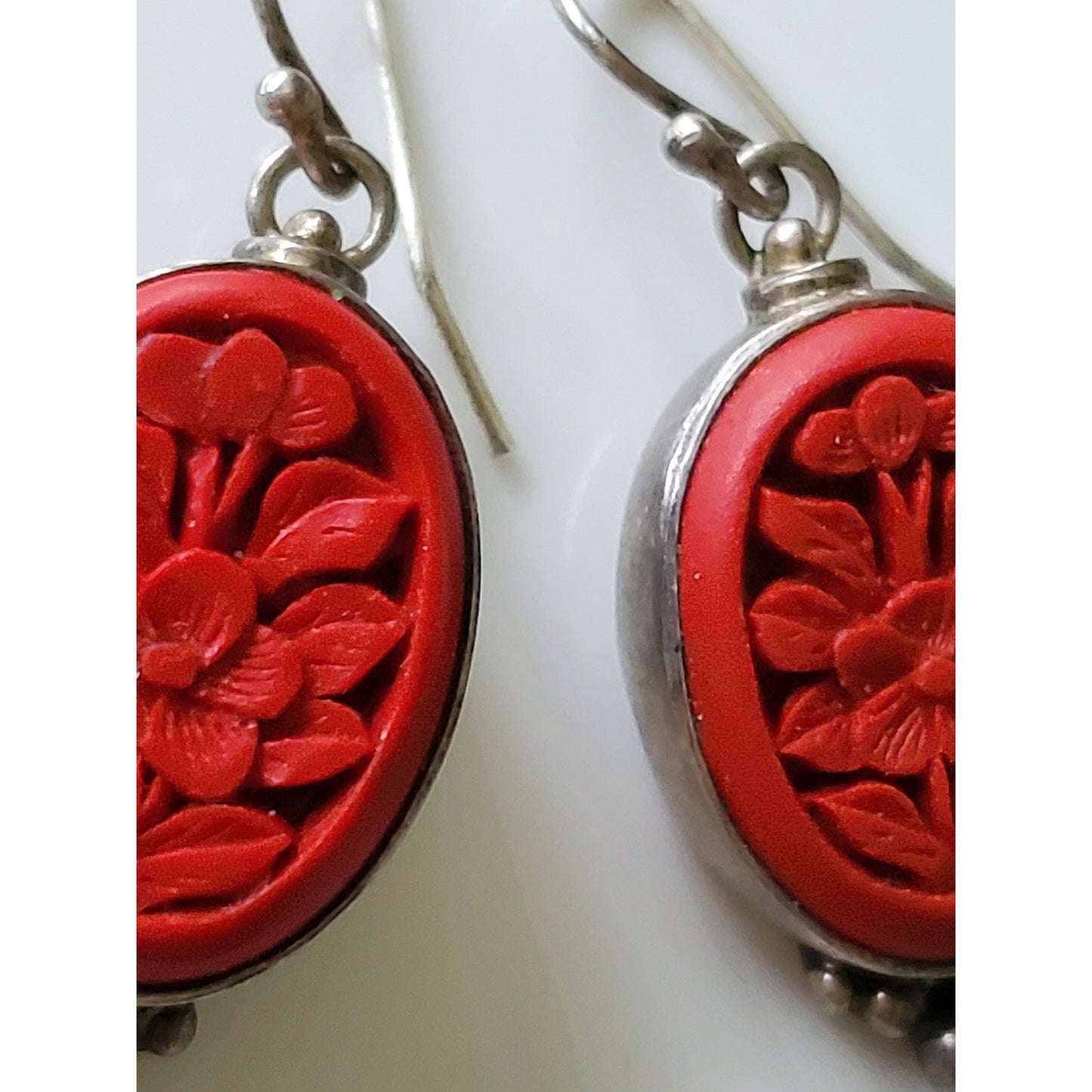 Vintage Sterling Silver Cinnabar Red Dangle Earrings