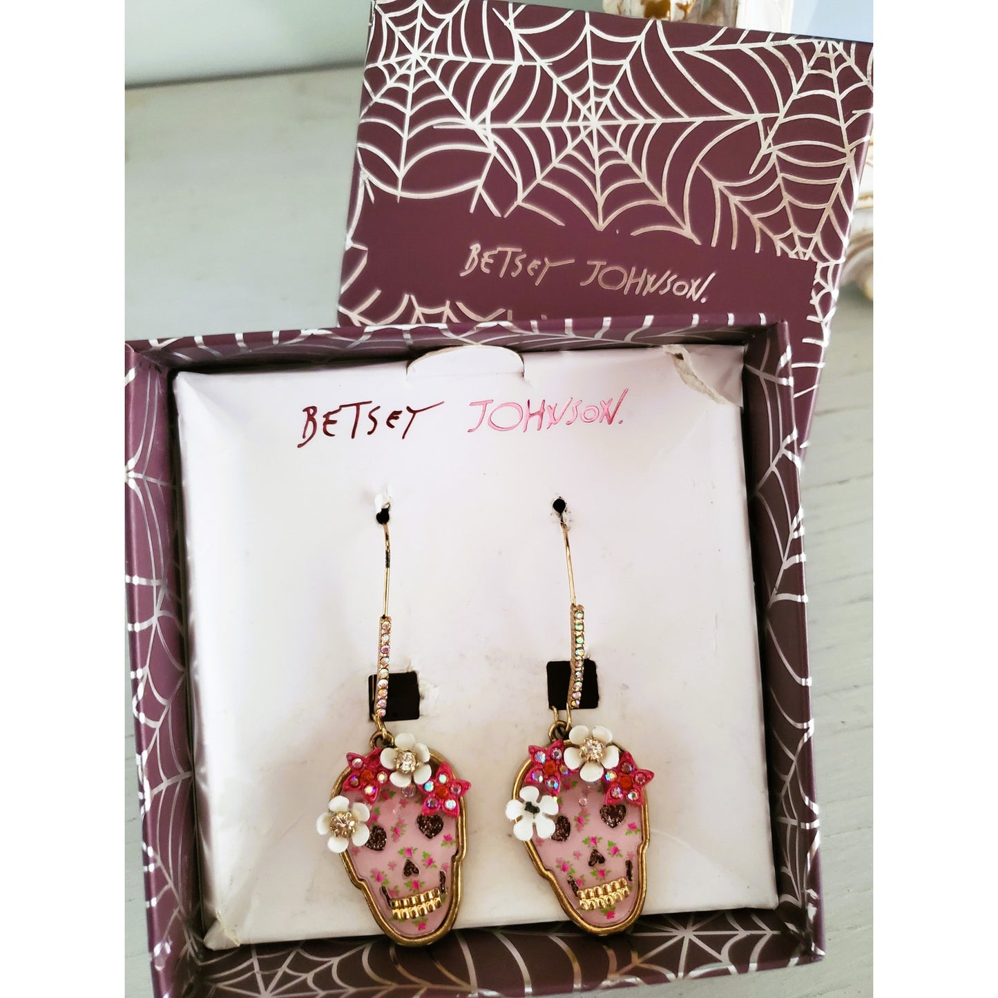 Betsey Johnson Floral Skull Dangle Earrings