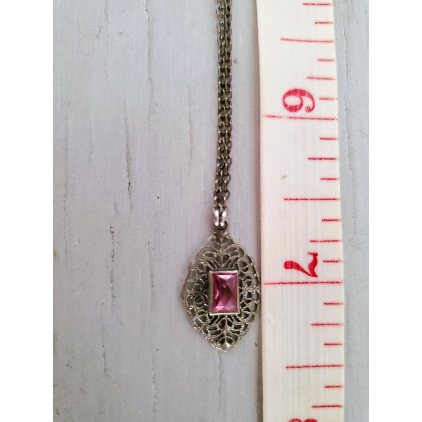 Antique Art Deco Pink Stone Filigree Child Size Necklace